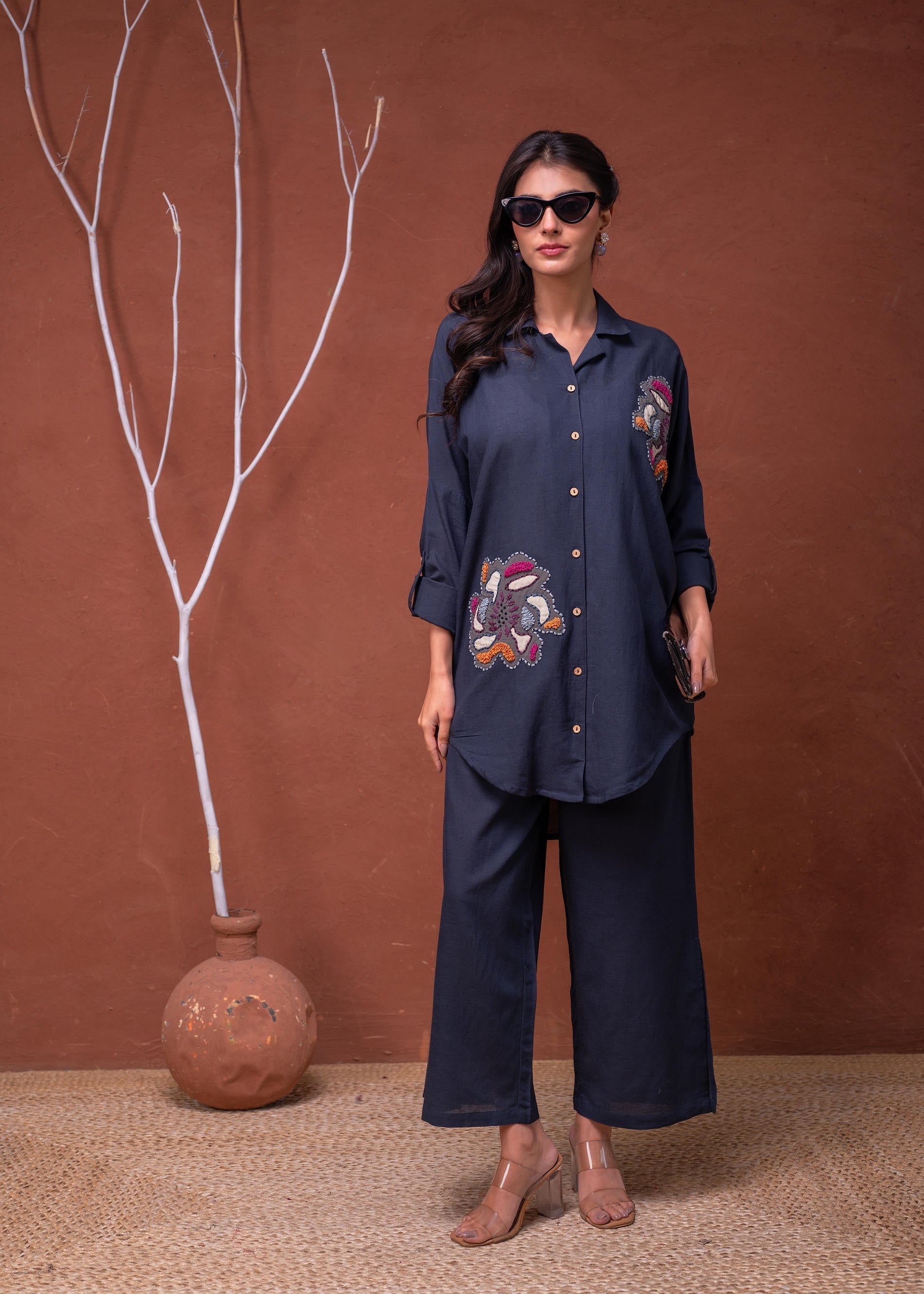 Viscose Linen Teal Embroidered Top and Pant Co-Ord Set with Thared Wor