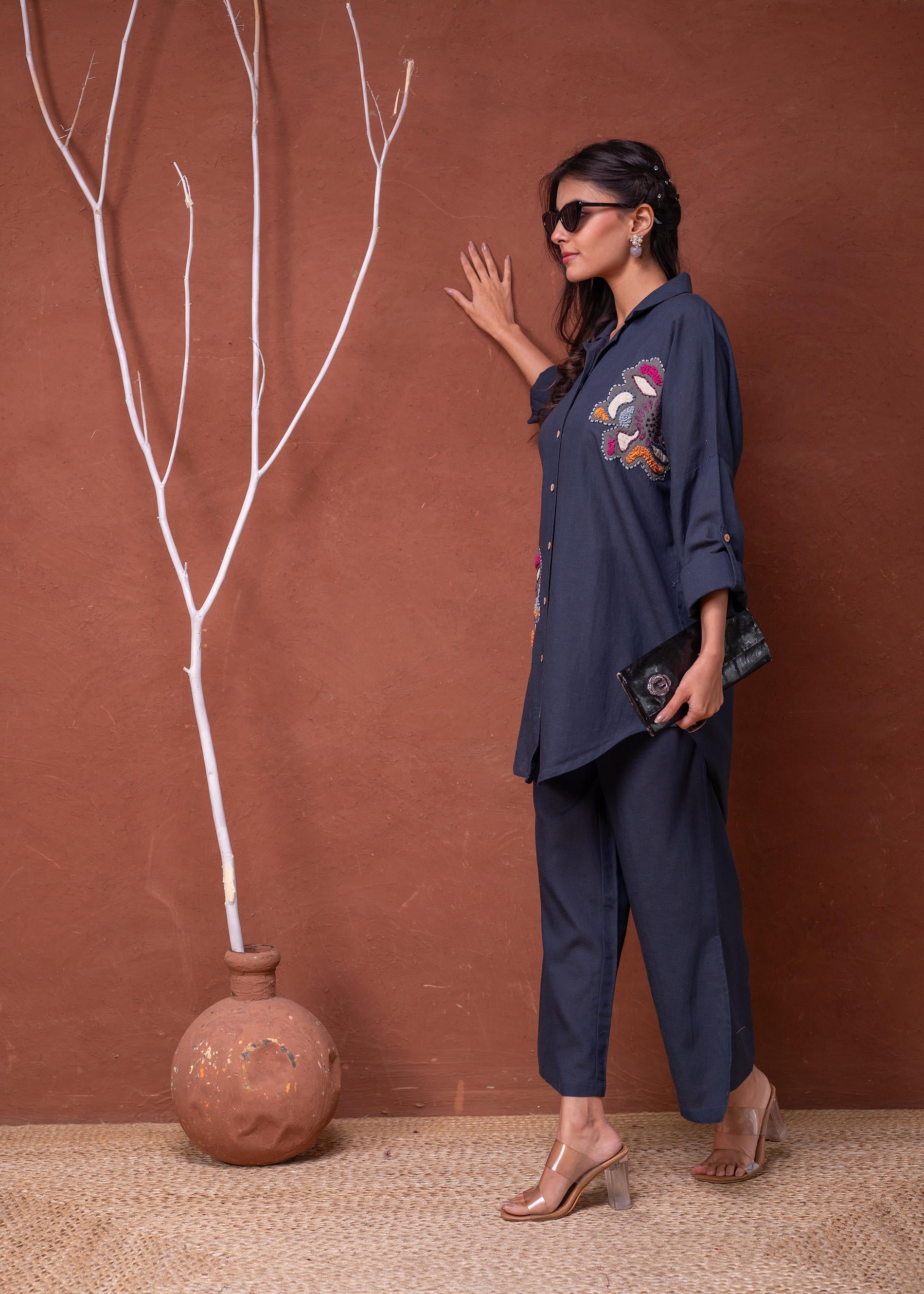 Viscose Linen Teal Embroidered Top and Pant Co-Ord Set with Thared Wor