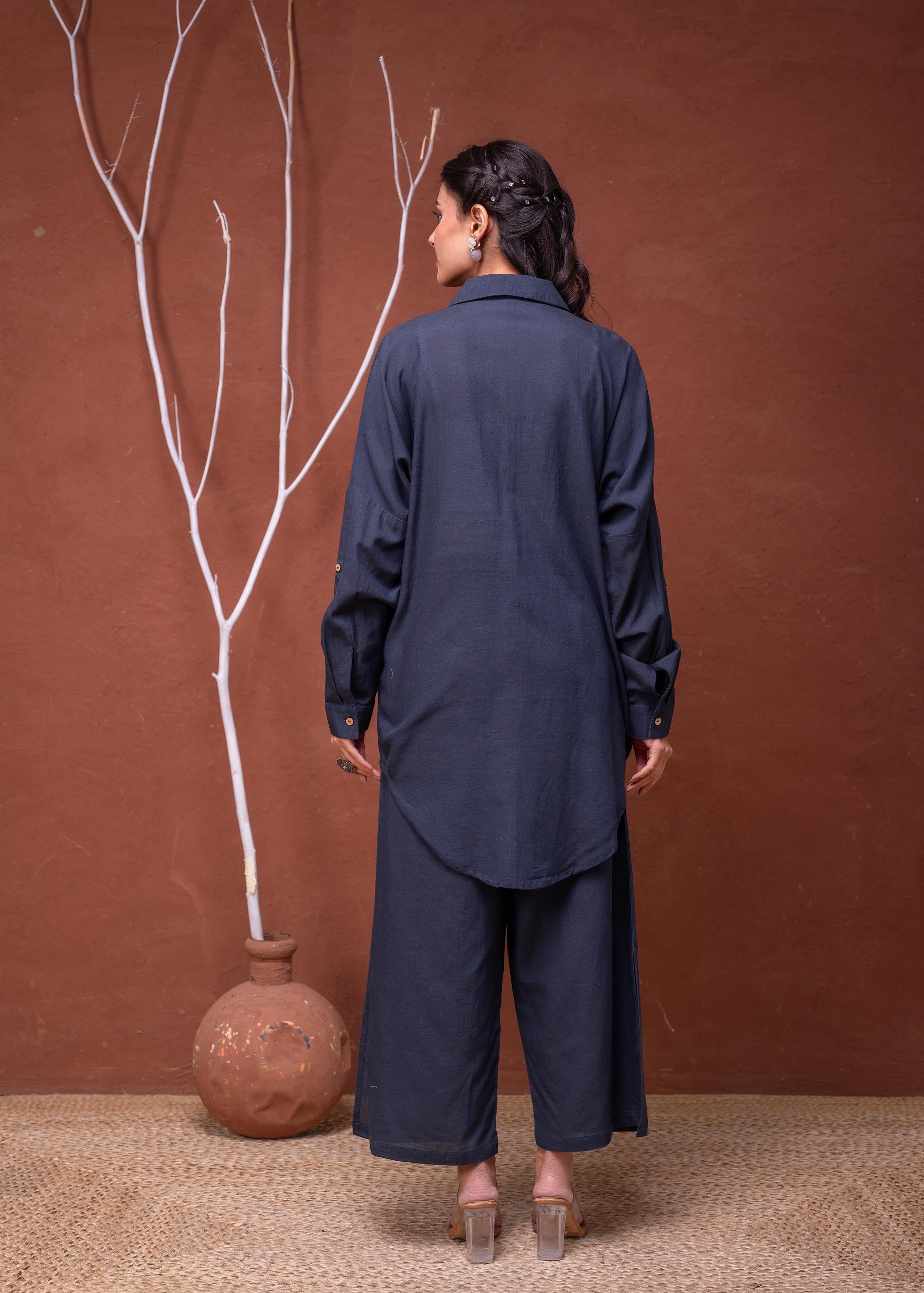 Viscose Linen Teal Embroidered Top and Pant Co-Ord Set with Thared Wor
