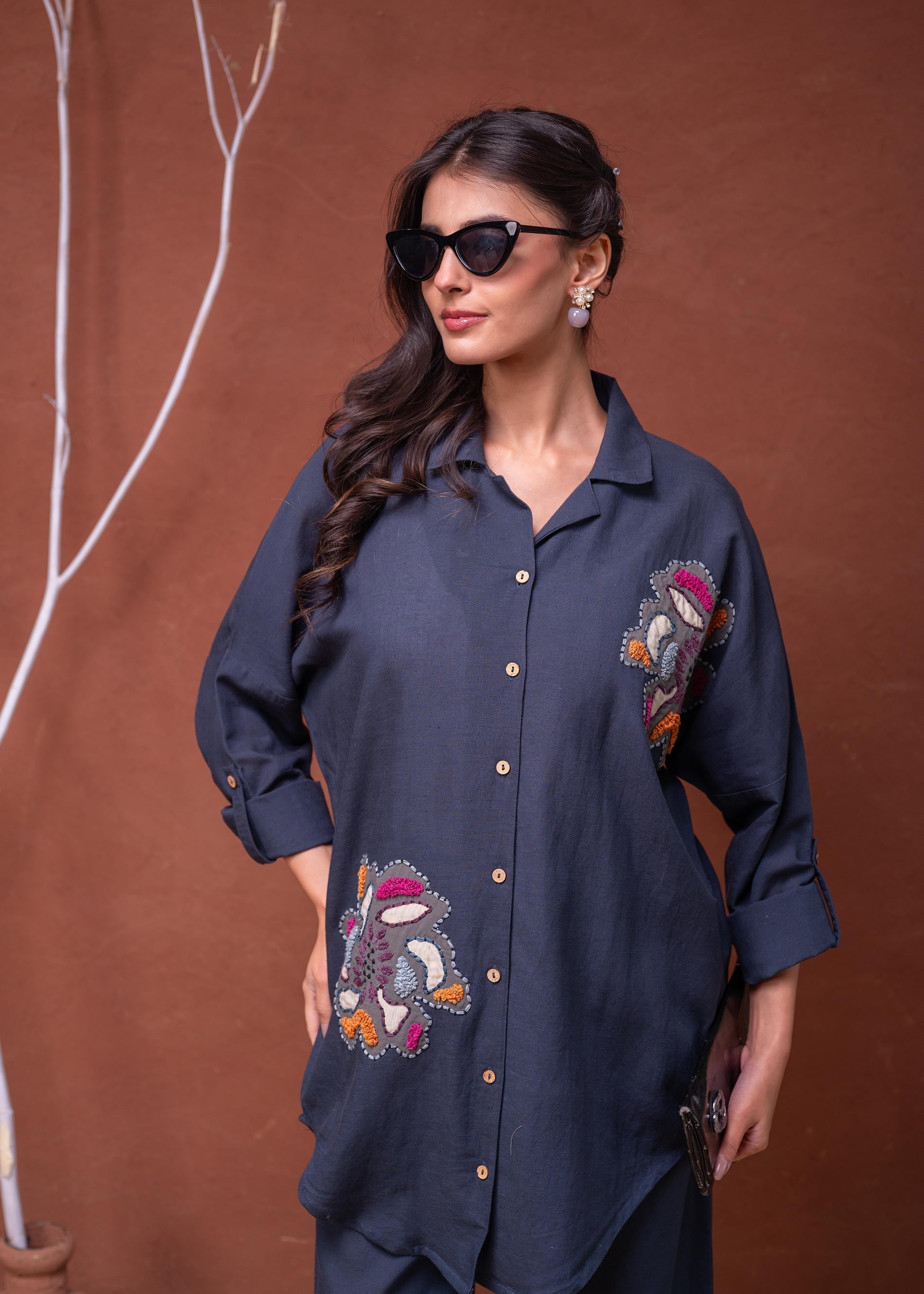 Viscose Linen Teal Embroidered Top and Pant Co-Ord Set with Thared Wor