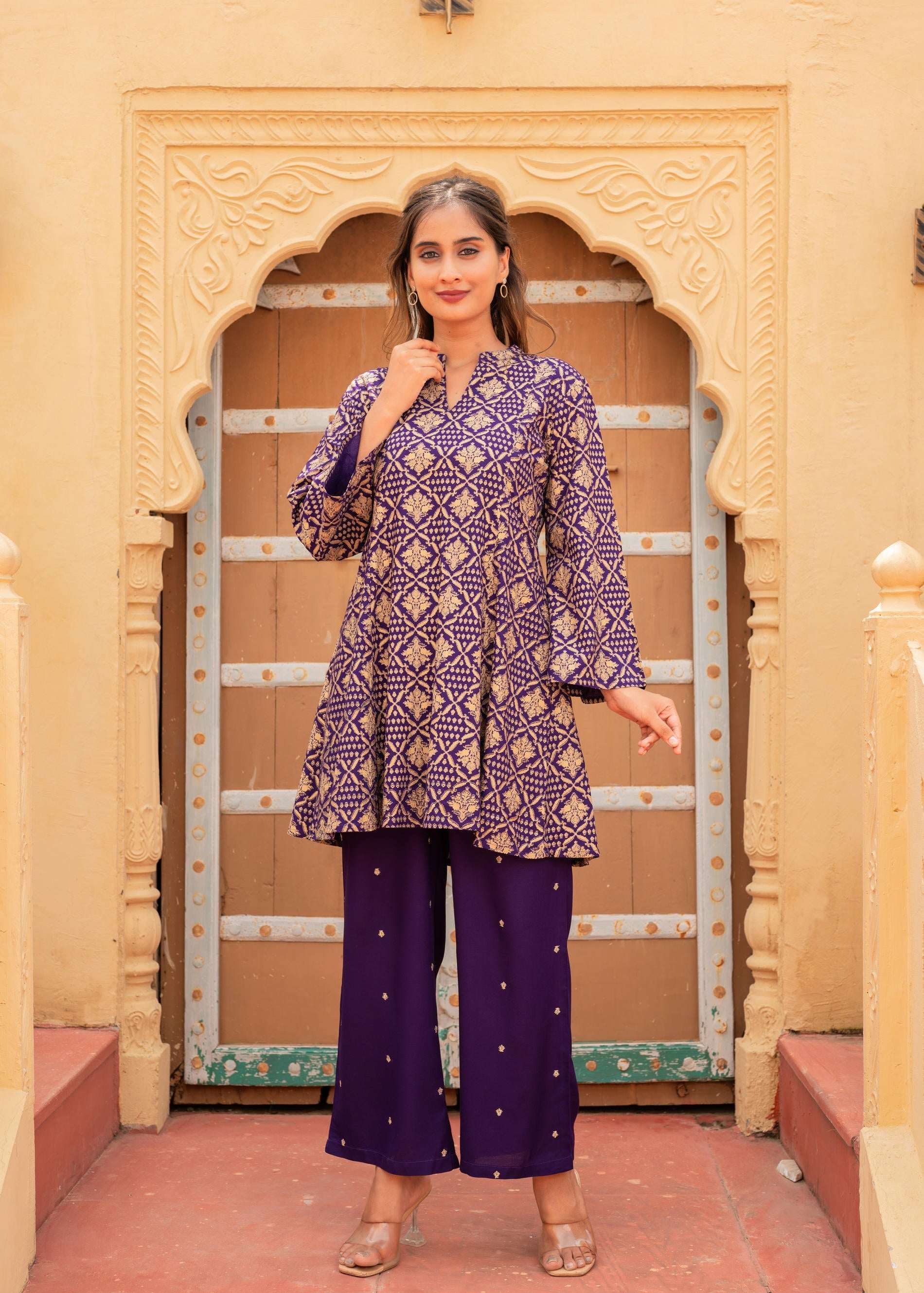 Purple Gold Geometric printed Kurta With Pants | DesiQlo