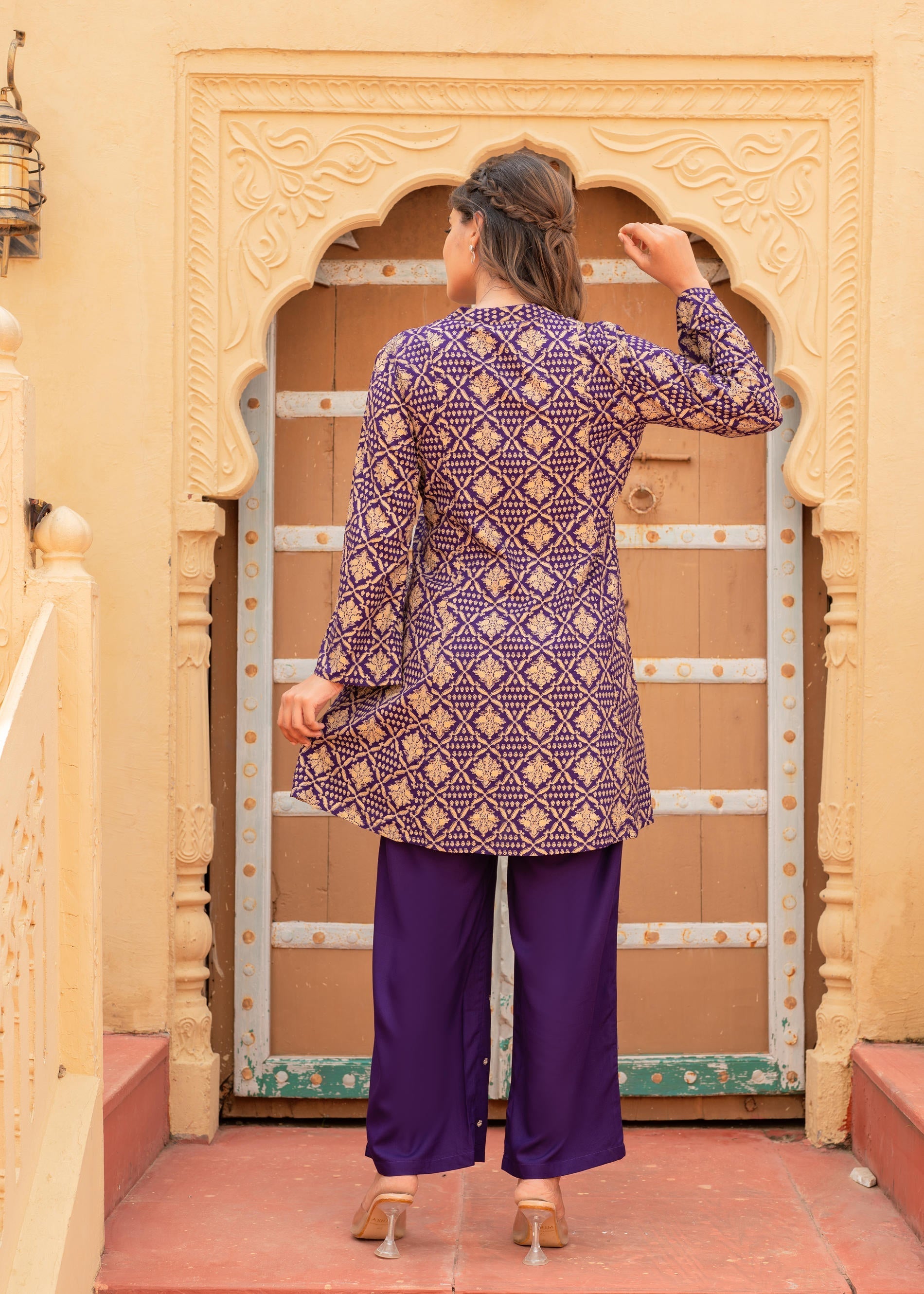 Purple Gold Geometric printed Kurta With Pants | DesiQlo