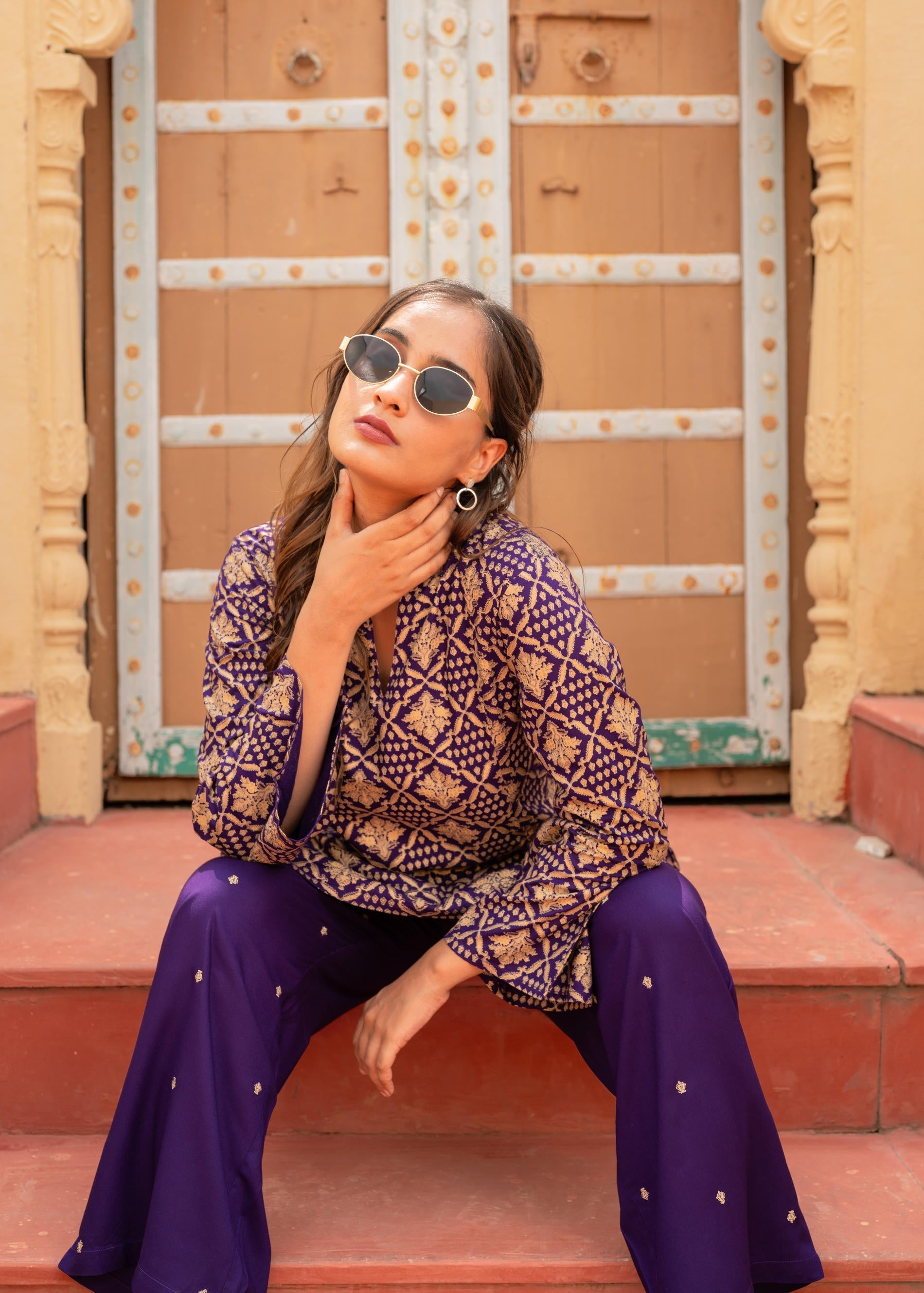Purple Gold Geometric printed Kurta With Pants | DesiQlo