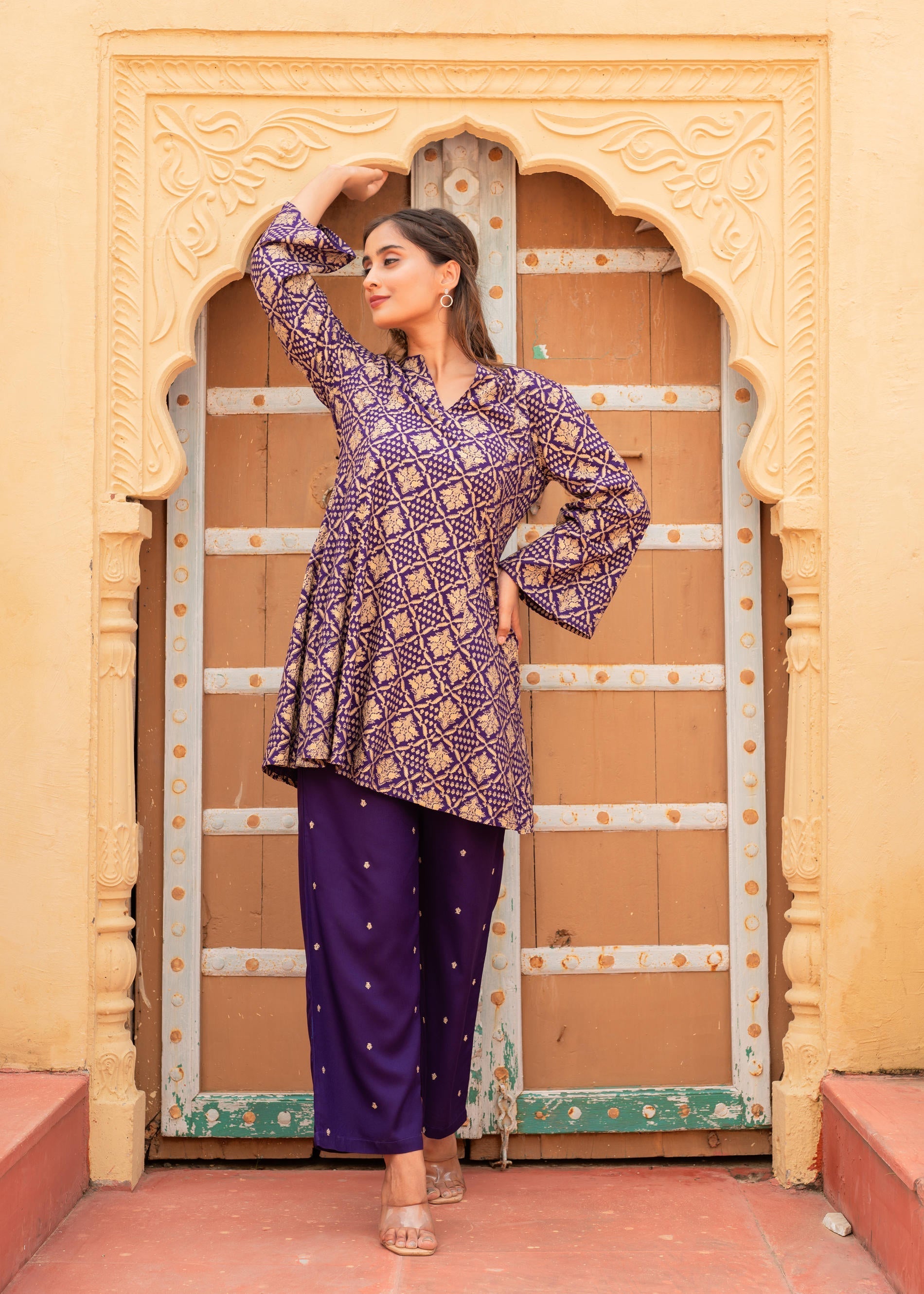 Purple Gold Geometric printed Kurta With Pants | DesiQlo
