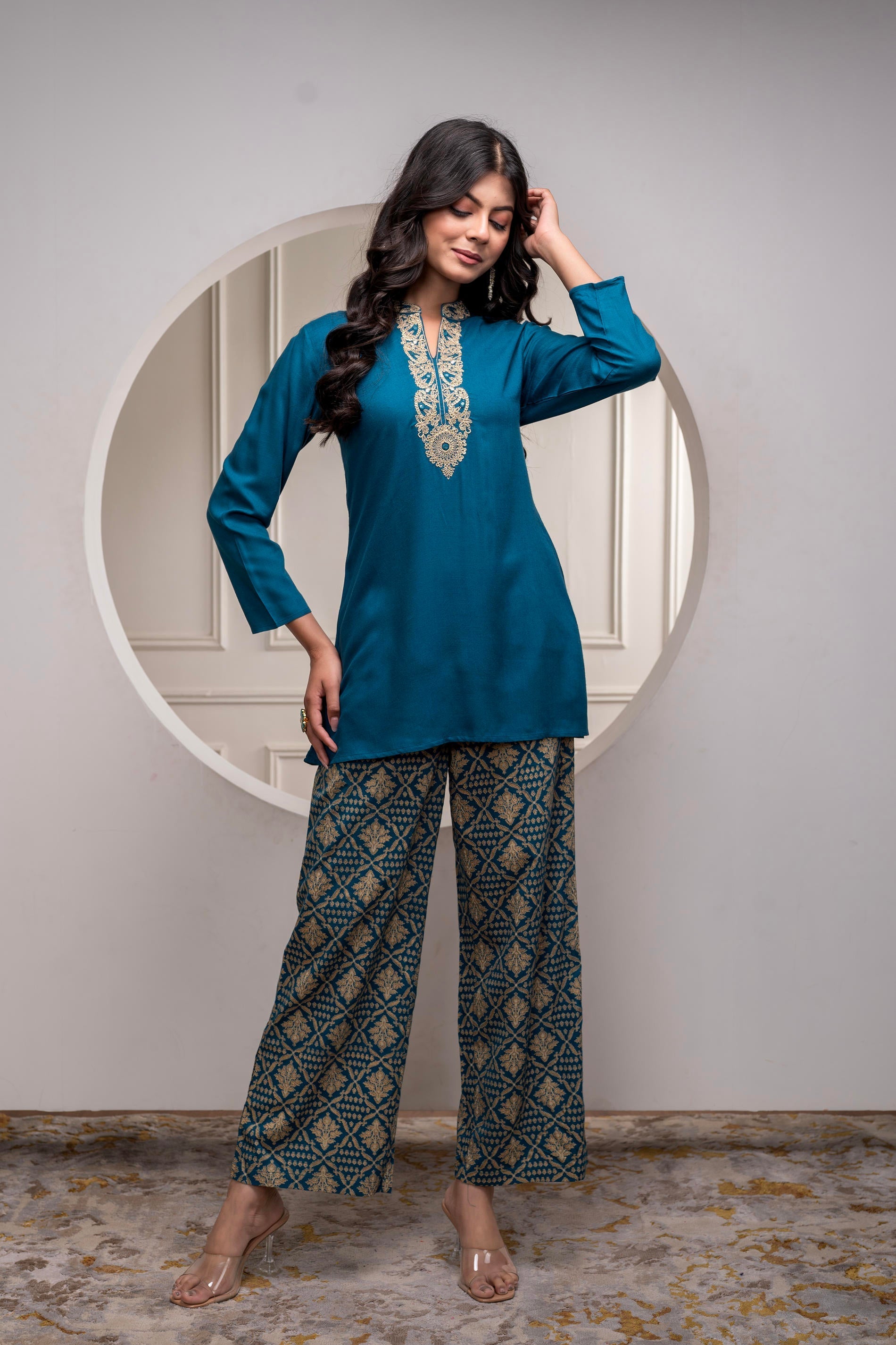Viscose Teal Embroidered Kurta Pant Set with Zari & Mirror Work | Desi