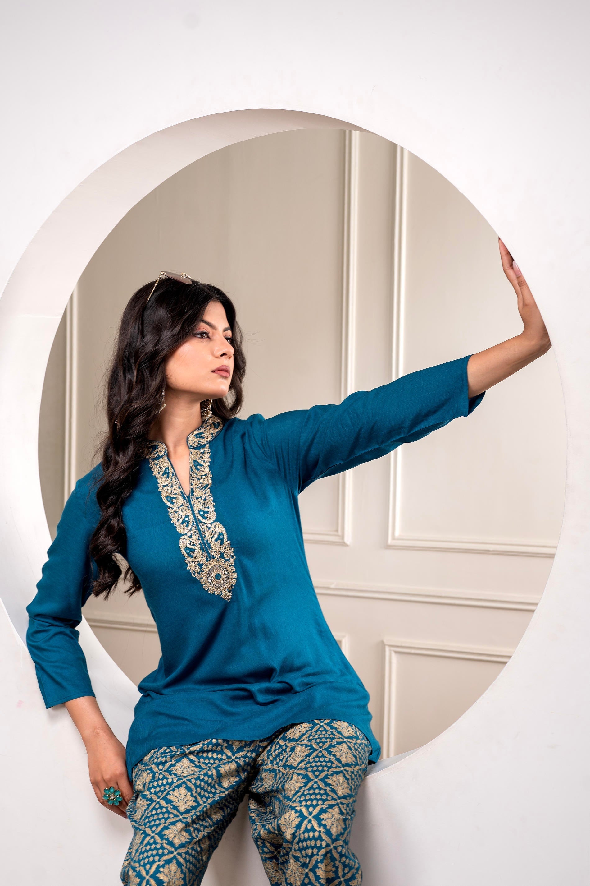 Viscose Teal Embroidered Kurta Pant Set with Zari & Mirror Work | Desi