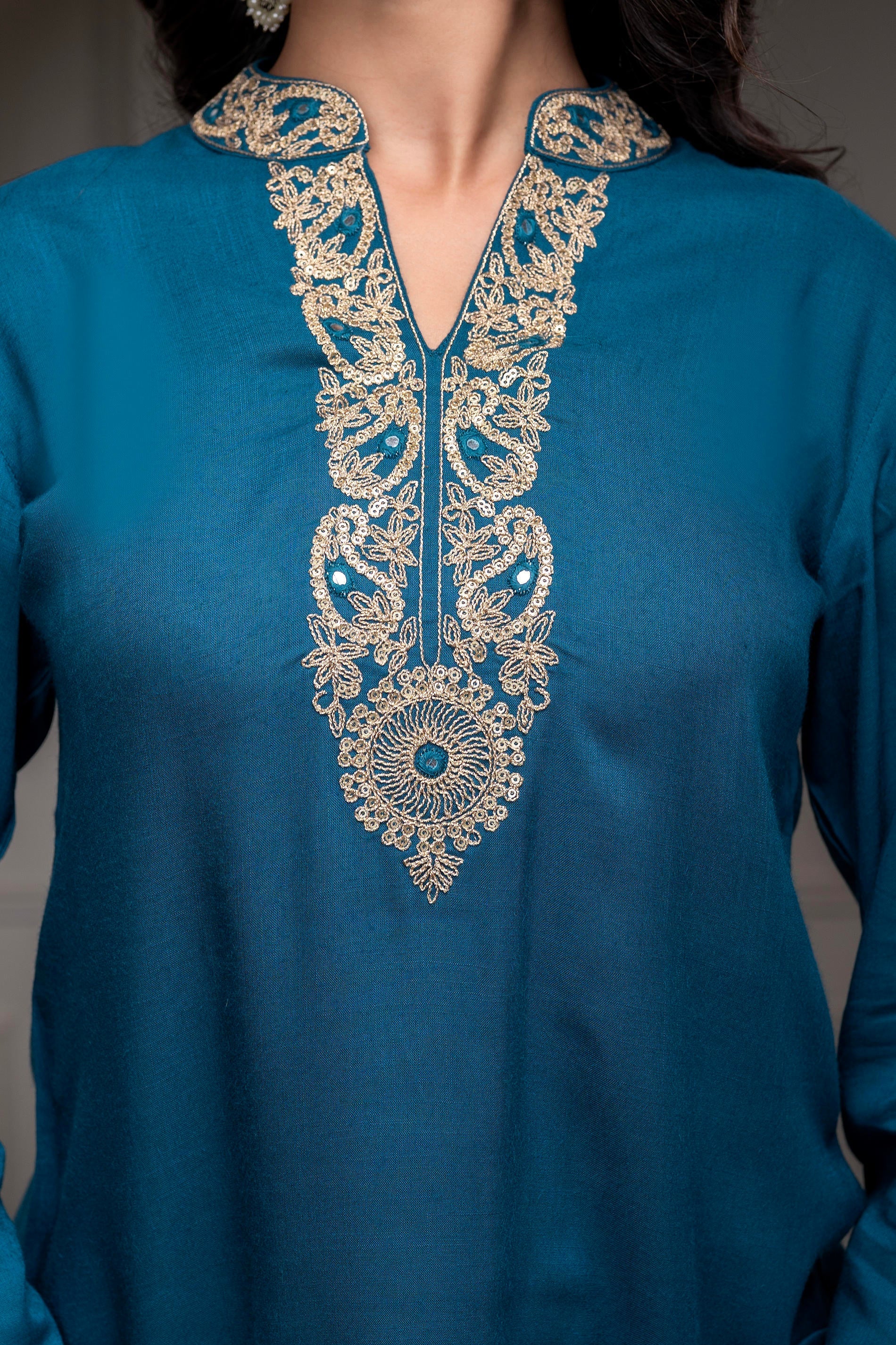 Viscose Teal Embroidered Kurta Pant Set with Zari & Mirror Work | Desi