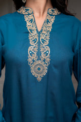 Viscose Teal Embroidered Kurta Pant Set with Zari & Mirror Work