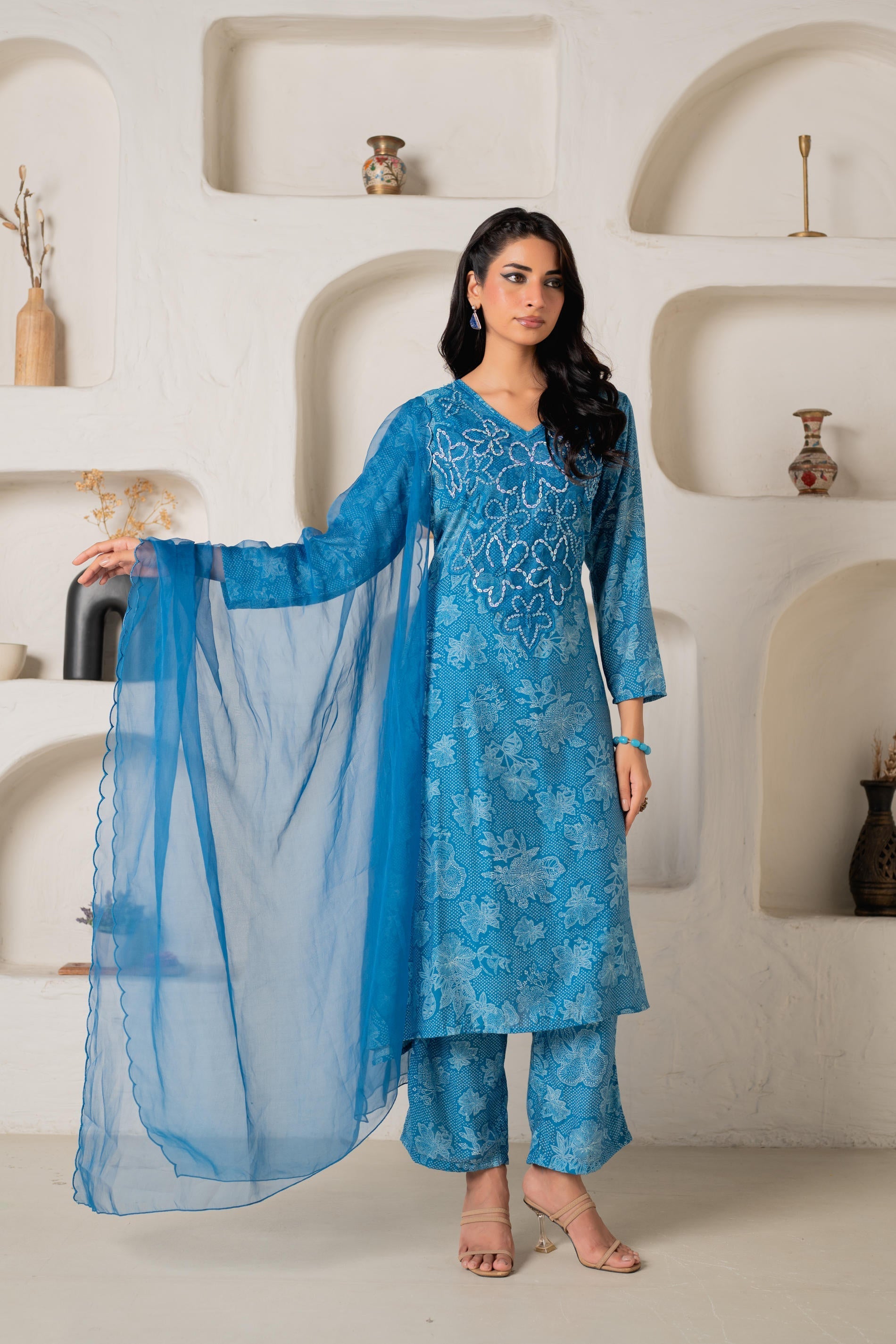 Blue Floral Embellished A-Line Kurta Pant and Dupatta Set with Beads &