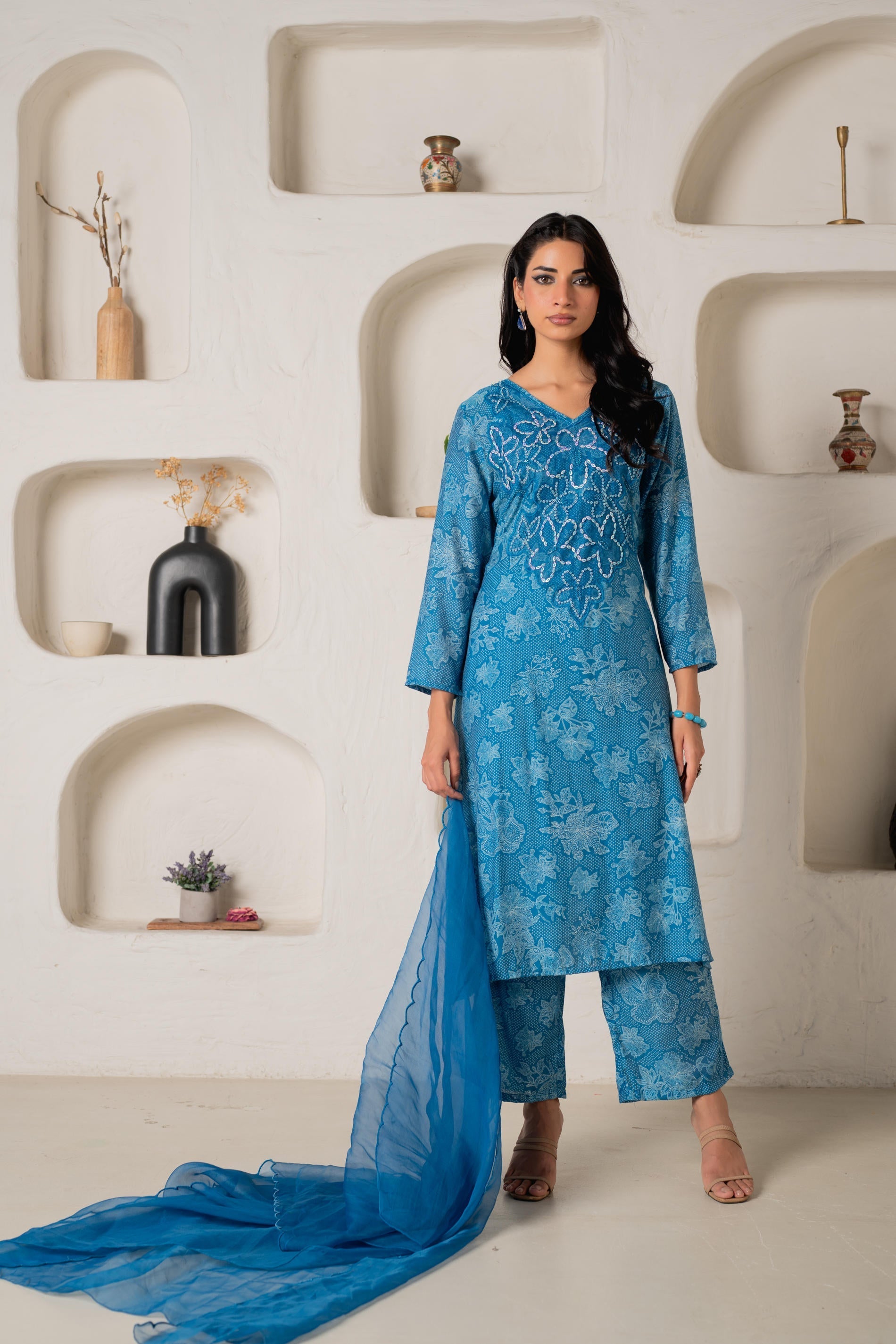 Blue Floral Embellished A-Line Kurta Pant and Dupatta Set with Beads &