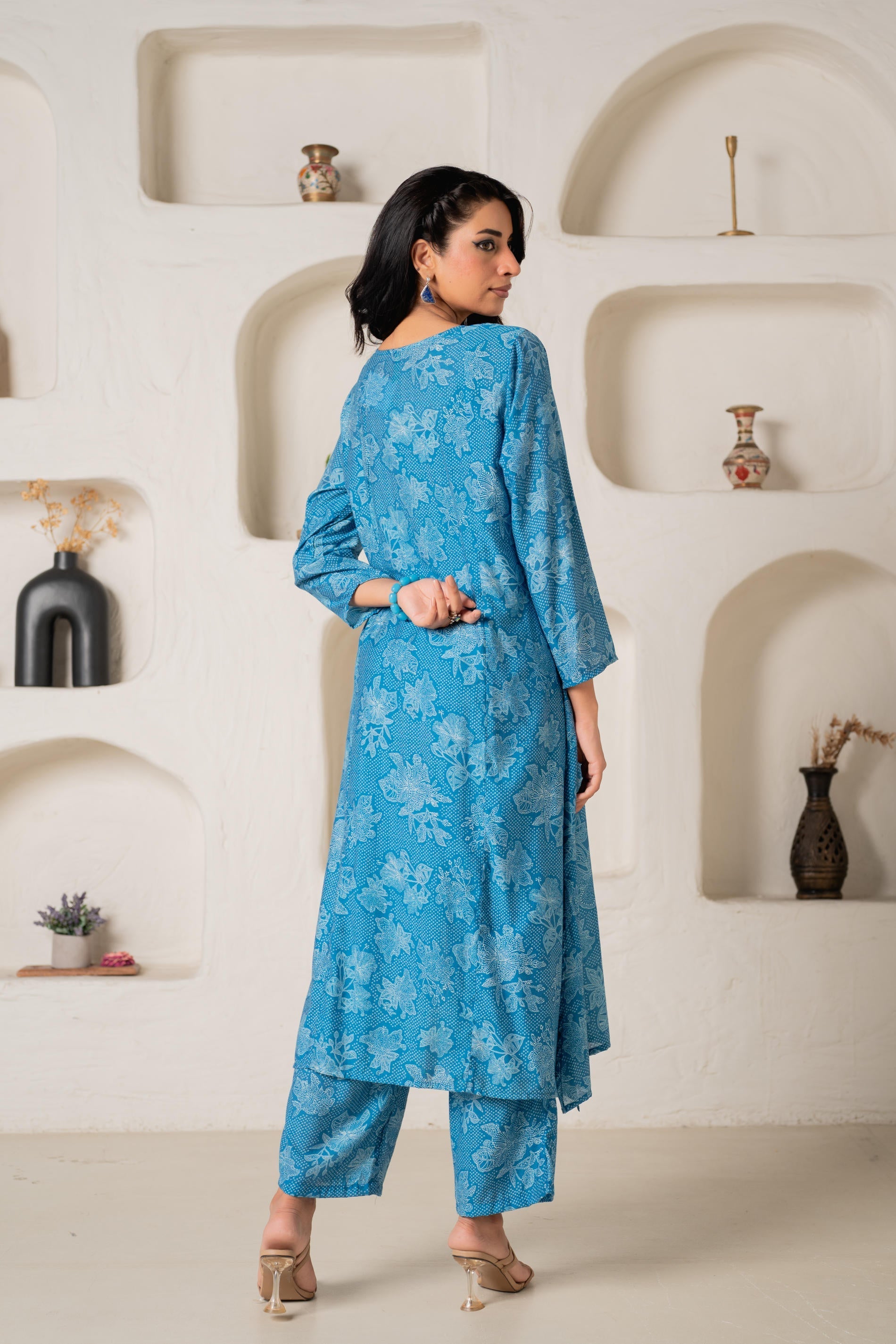 Blue Floral Embellished A-Line Kurta Pant and Dupatta Set with Beads &