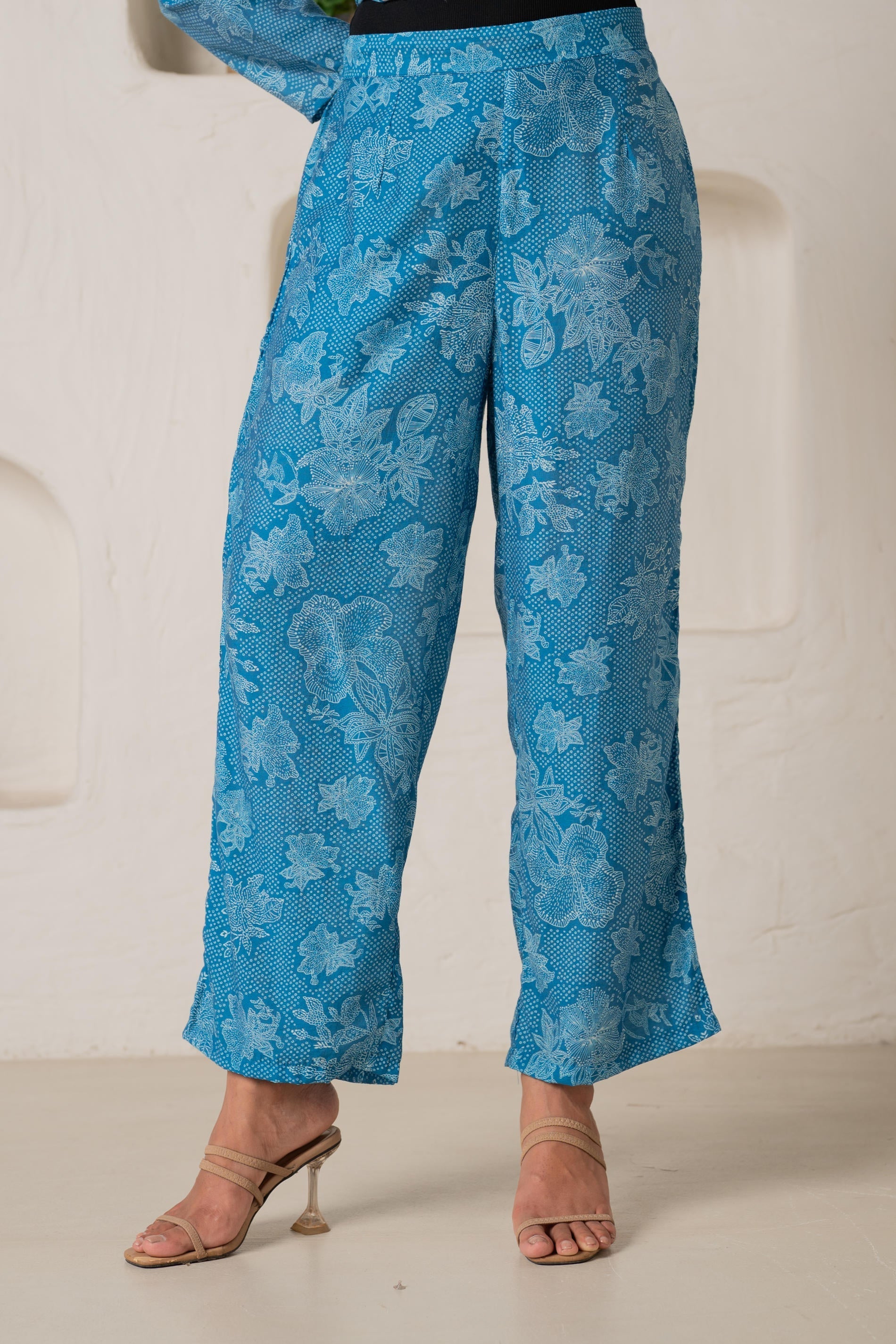 Blue Floral Embellished A-Line Kurta Pant and Dupatta Set with Beads &
