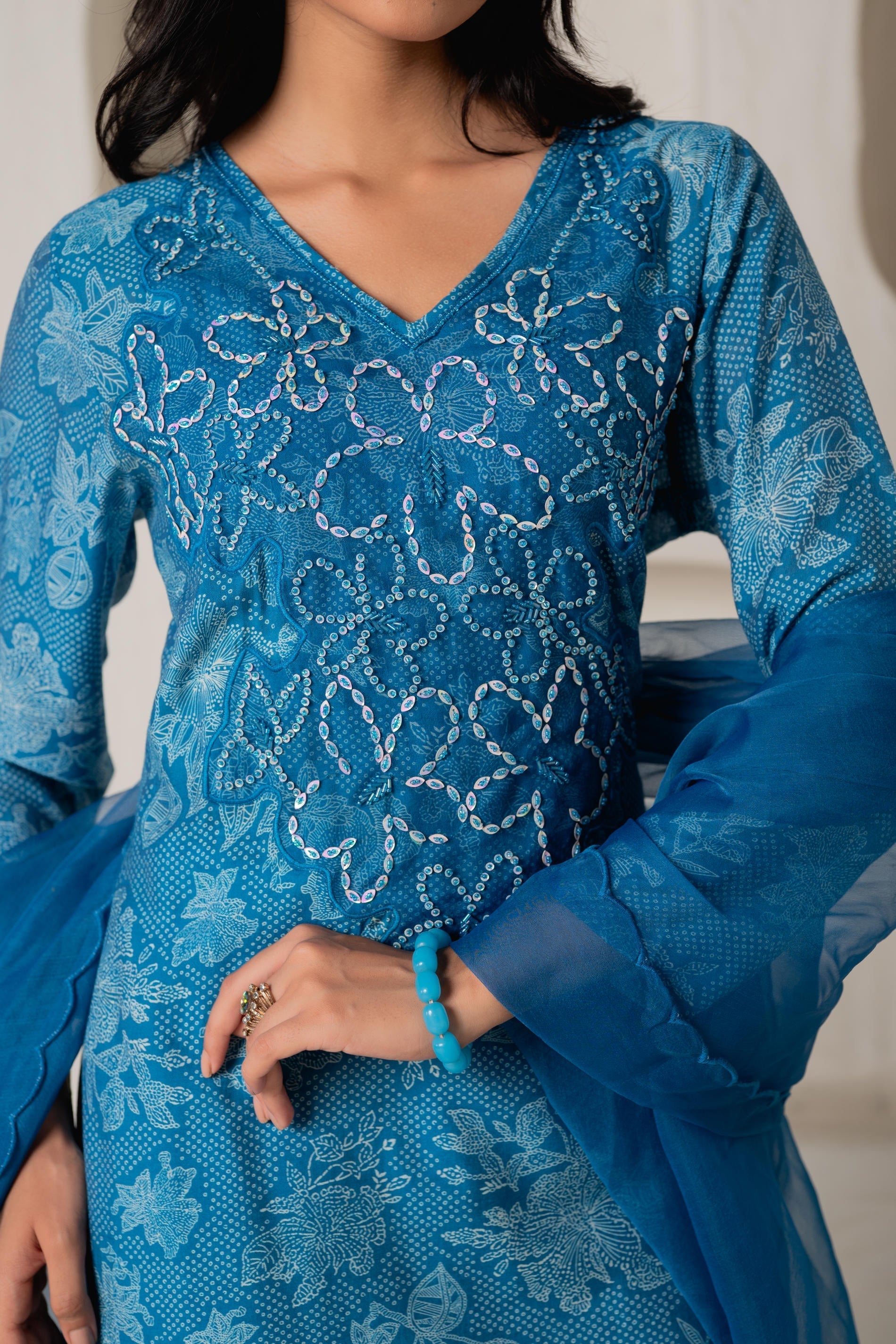 Blue Floral Embellished A-Line Kurta Pant and Dupatta Set with Beads &