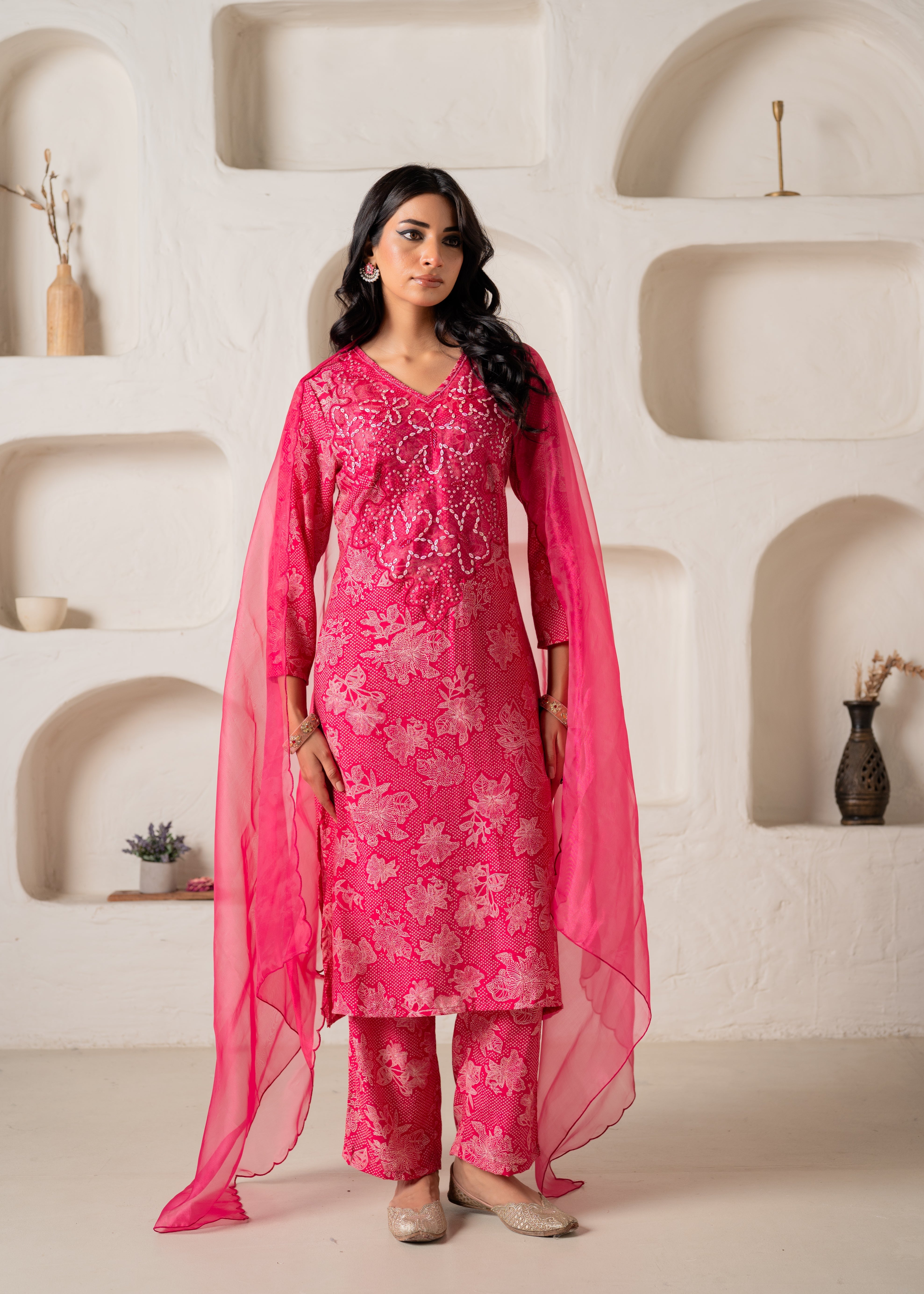 Fuchsia Floral Embellished A-Line Kurta Pant and Dupatta Set with Bead