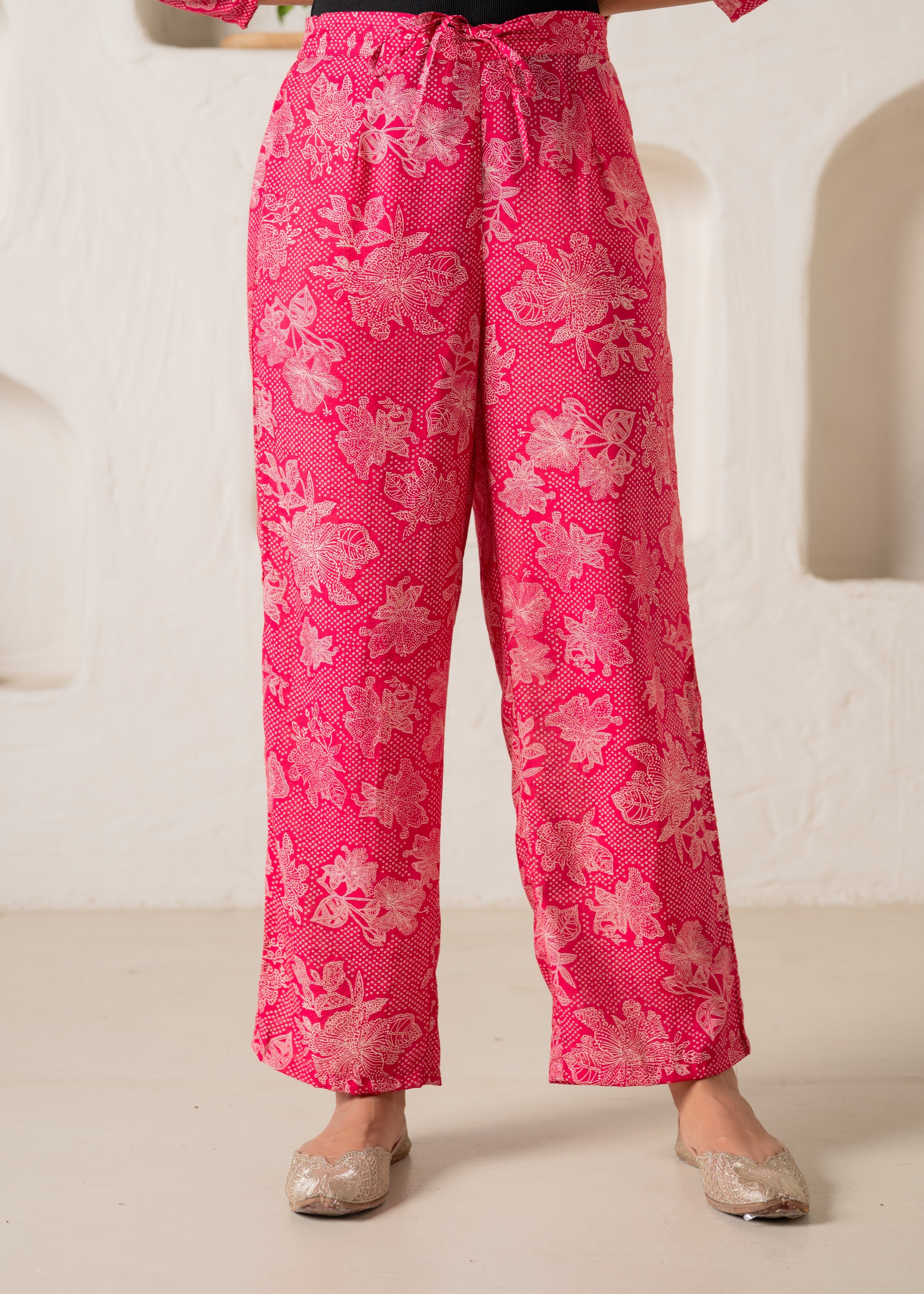 Fuchsia Floral Embellished A-Line Kurta Pant and Dupatta Set with Bead