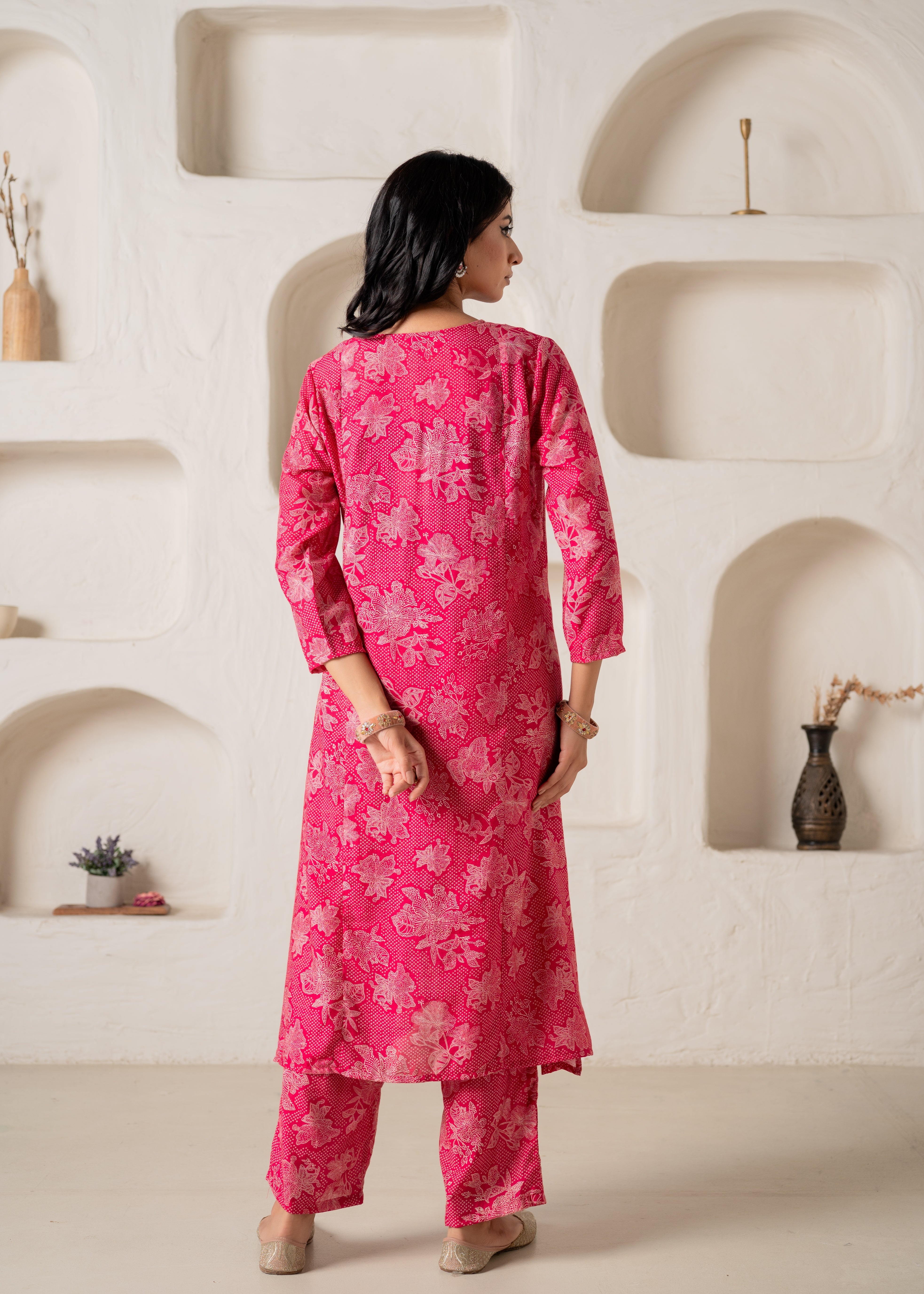 Fuchsia Floral Embellished A-Line Kurta Pant and Dupatta Set with Bead