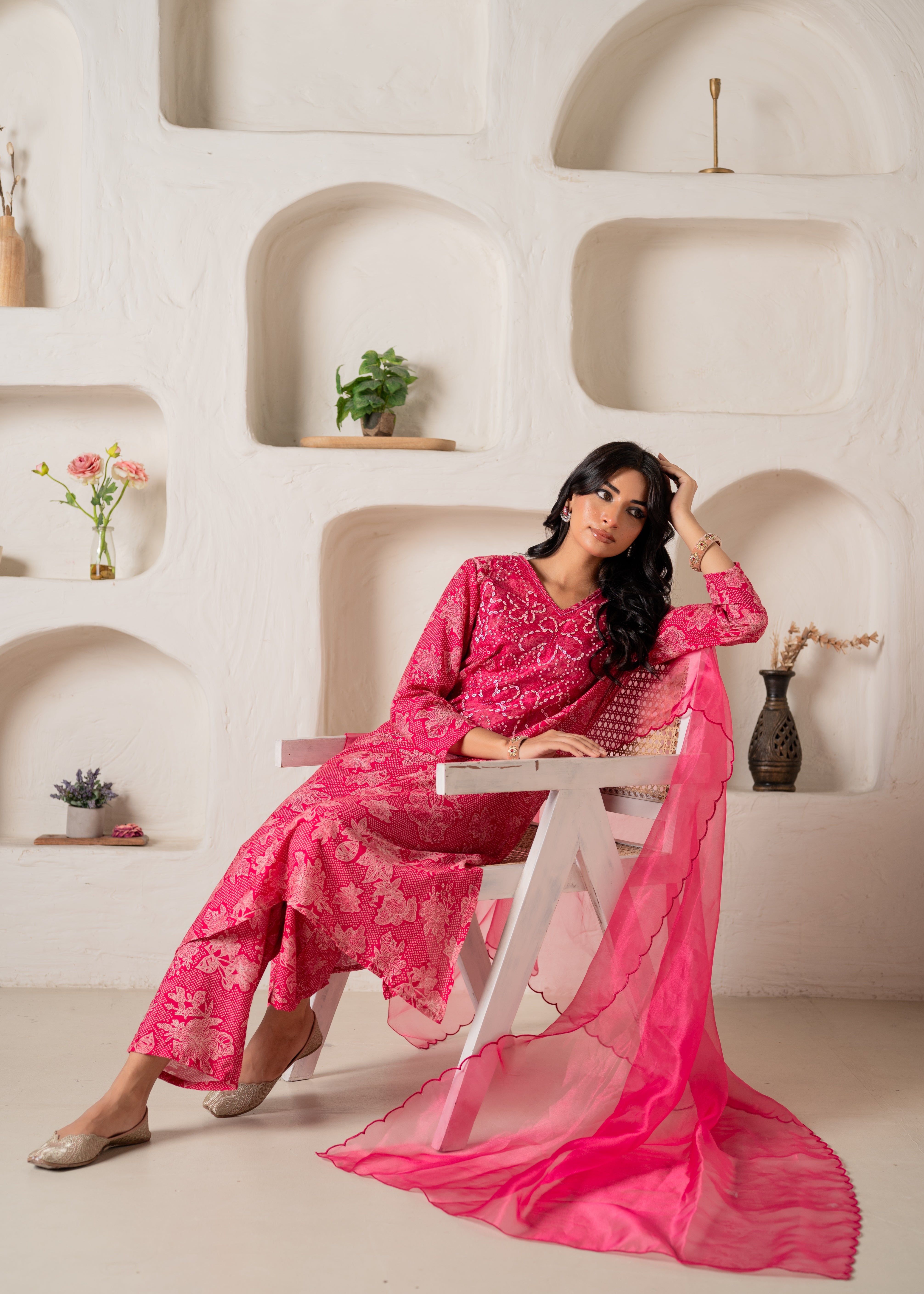 Fuchsia Floral Embellished A-Line Kurta Pant and Dupatta Set with Bead