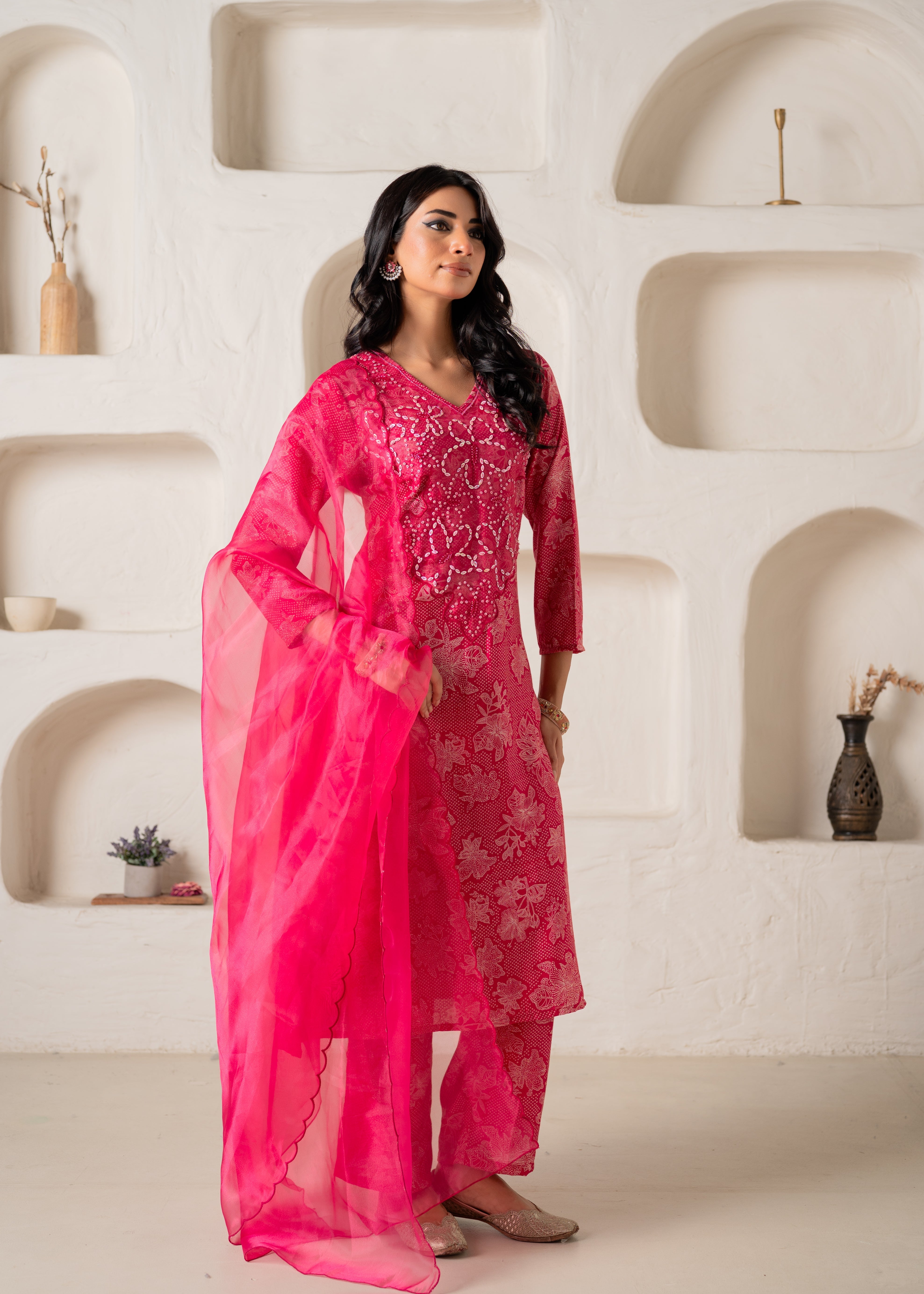 Fuchsia Floral Embellished A-Line Kurta Pant and Dupatta Set with Bead