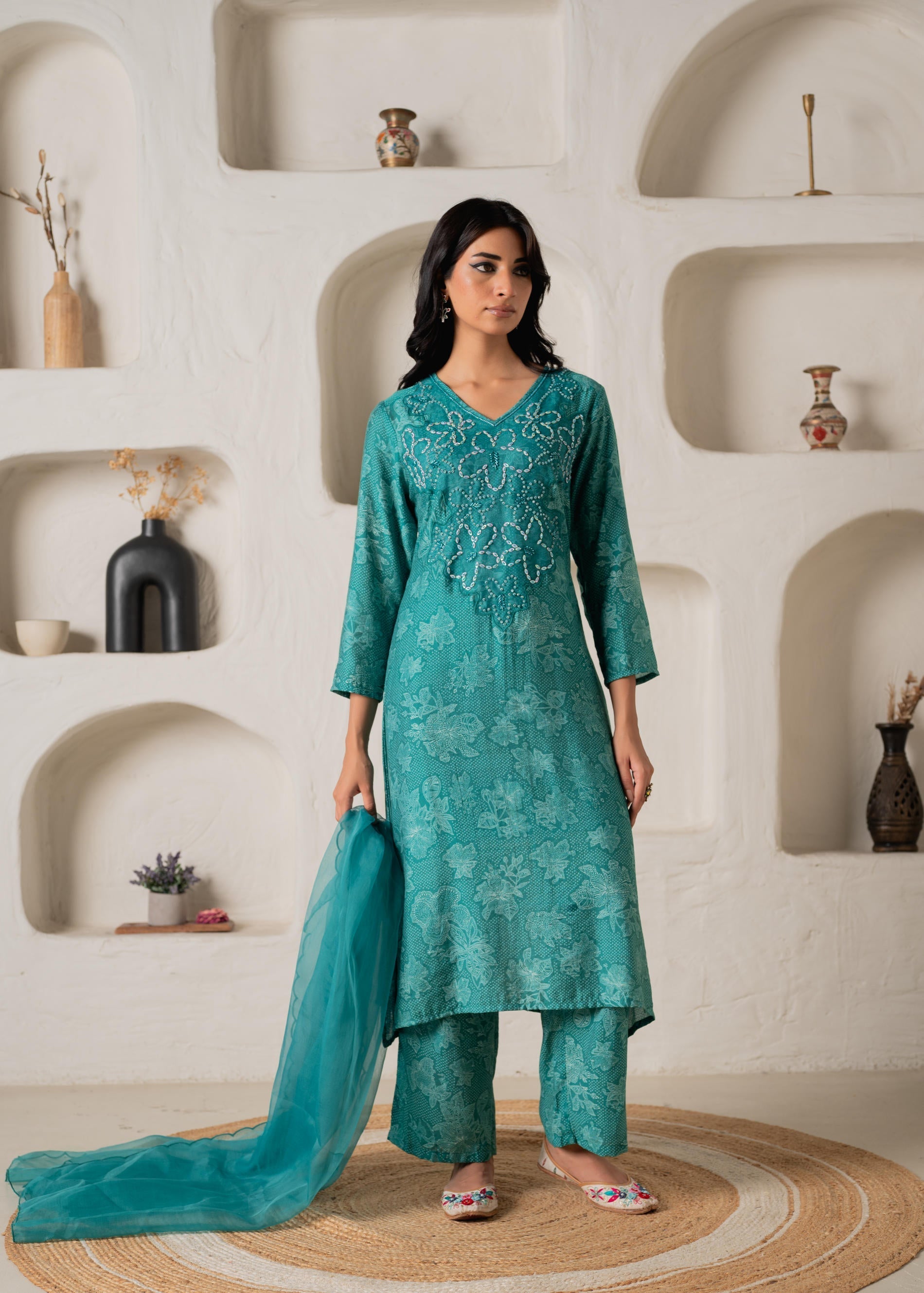 Green Floral Embellished A-Line Kurta Pant and Dupatta Set with Beads 