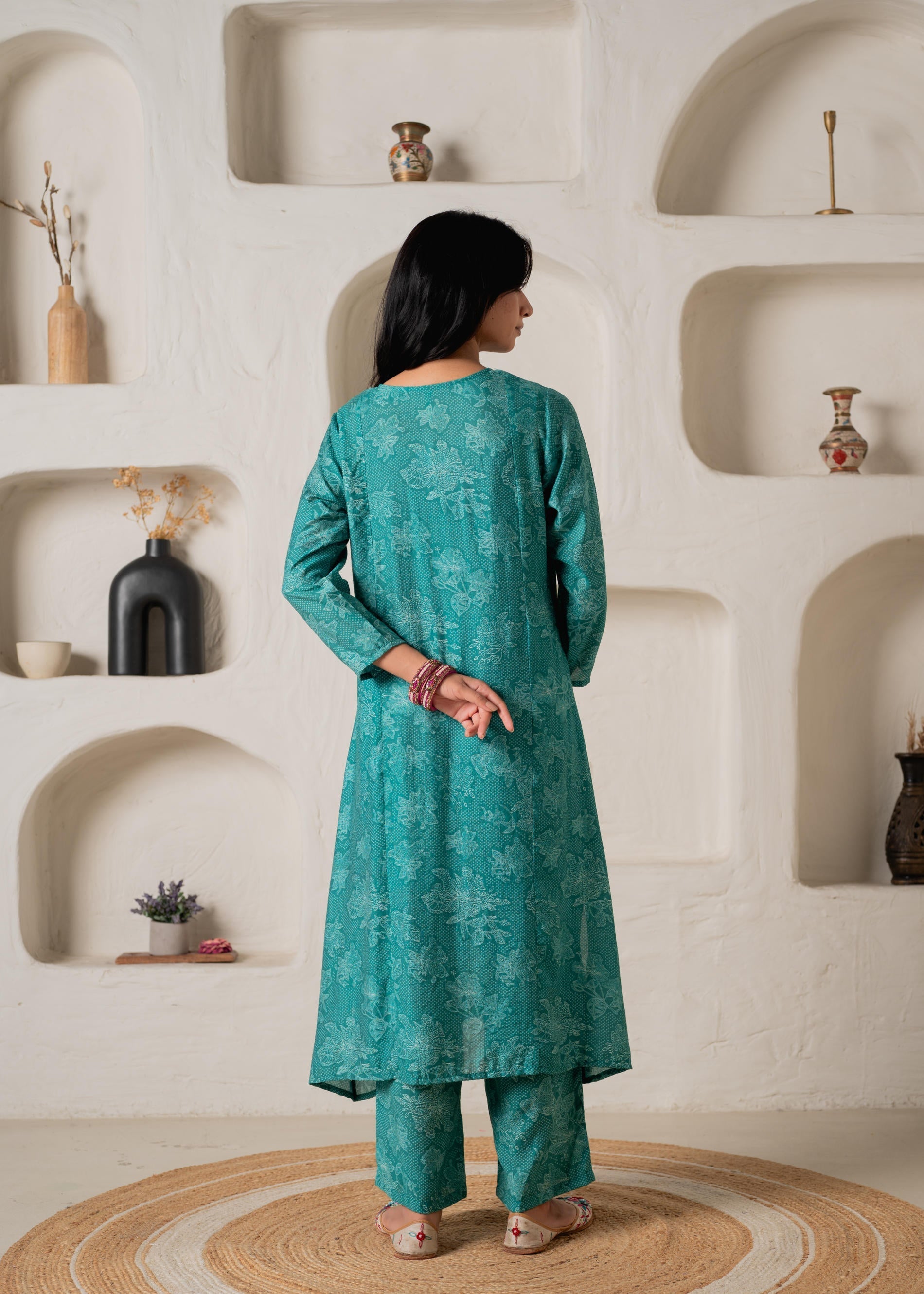 Green Floral Embellished A-Line Kurta Pant and Dupatta Set with Beads 
