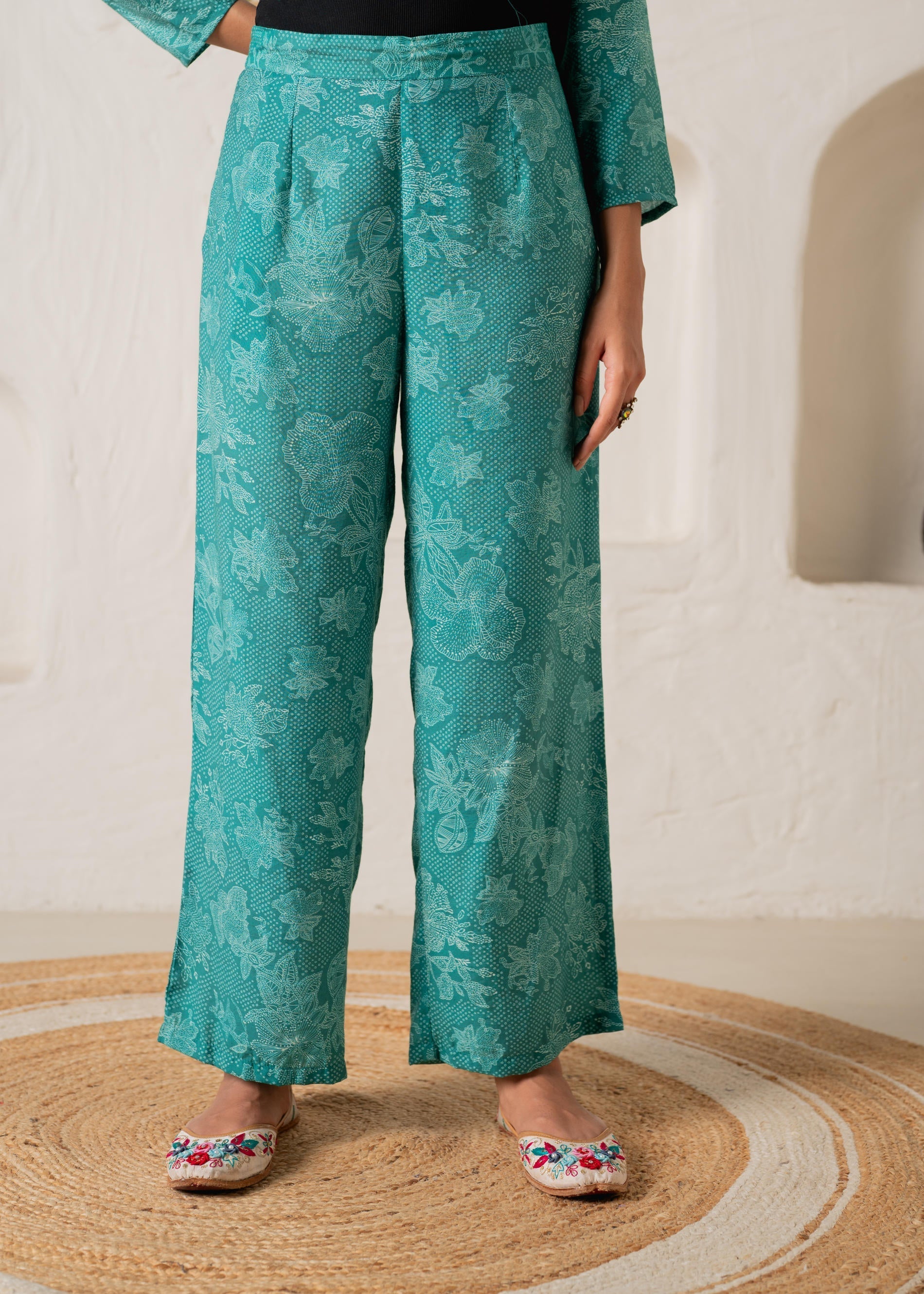 Green Floral Embellished A-Line Kurta Pant and Dupatta Set with Beads 