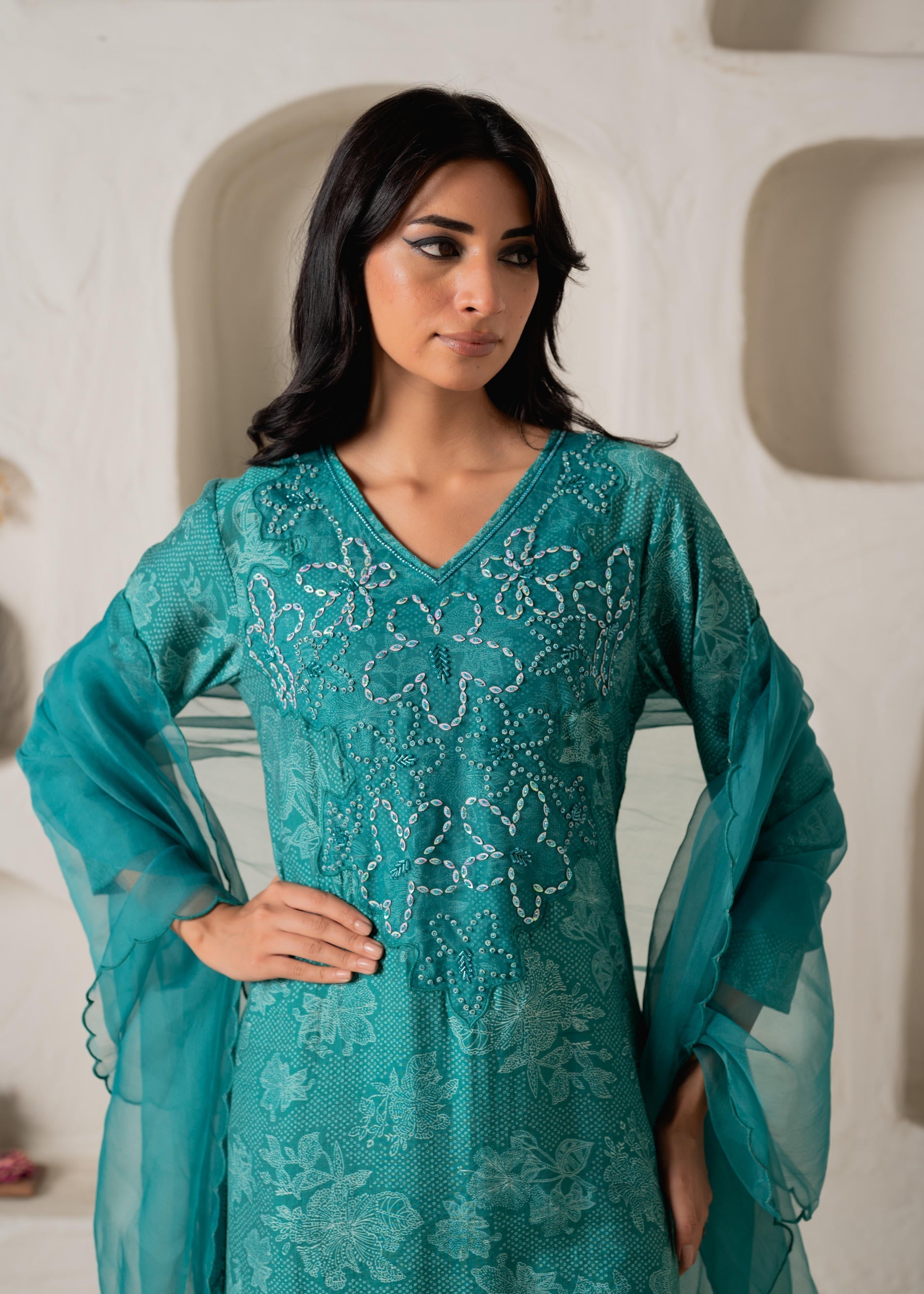 Green Floral Embellished A-Line Kurta Pant and Dupatta Set with Beads 