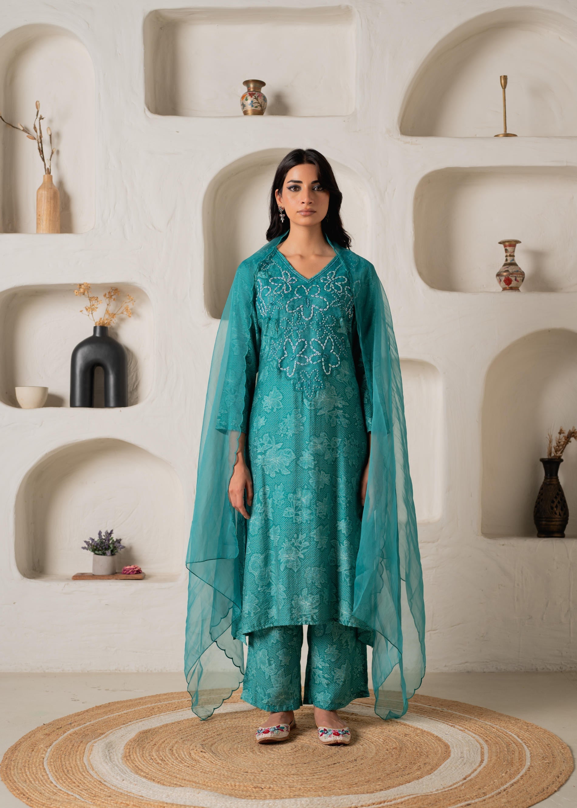 Green Floral Embellished A-Line Kurta Pant and Dupatta Set with Beads 