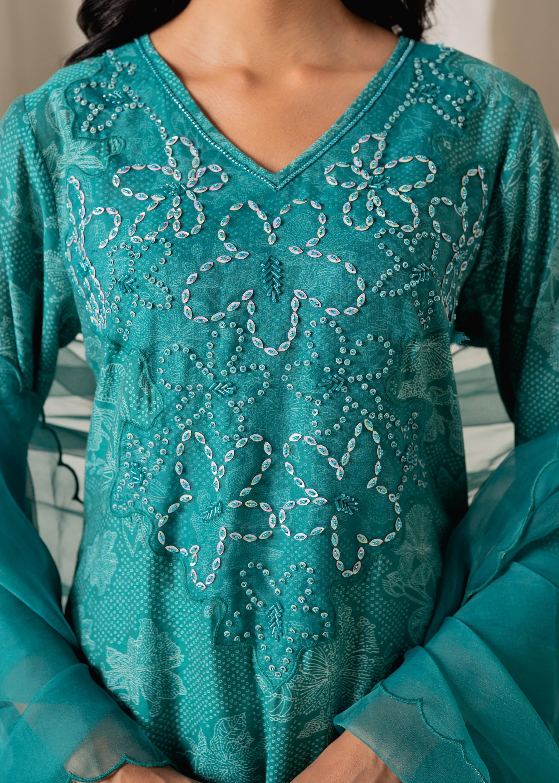 Green Floral Embellished A-Line Kurta Pant and Dupatta Set with Beads 
