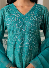 Green Floral Embellished A-Line Kurta Pant and Dupatta Set with Beads & Sequence Work