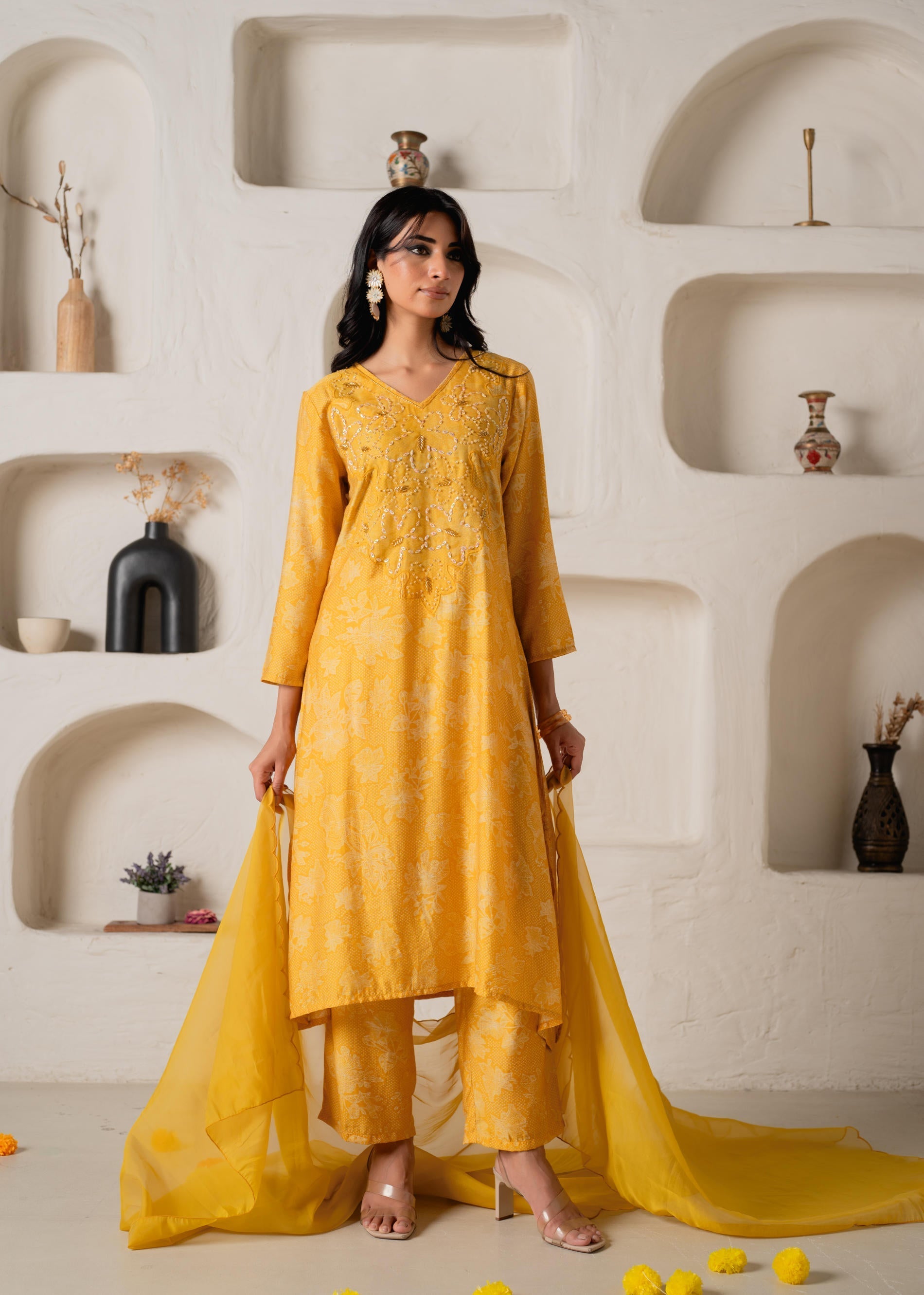 Mustard Floral Embellished A-Line Kurta Pant and Dupatta Set with Bead