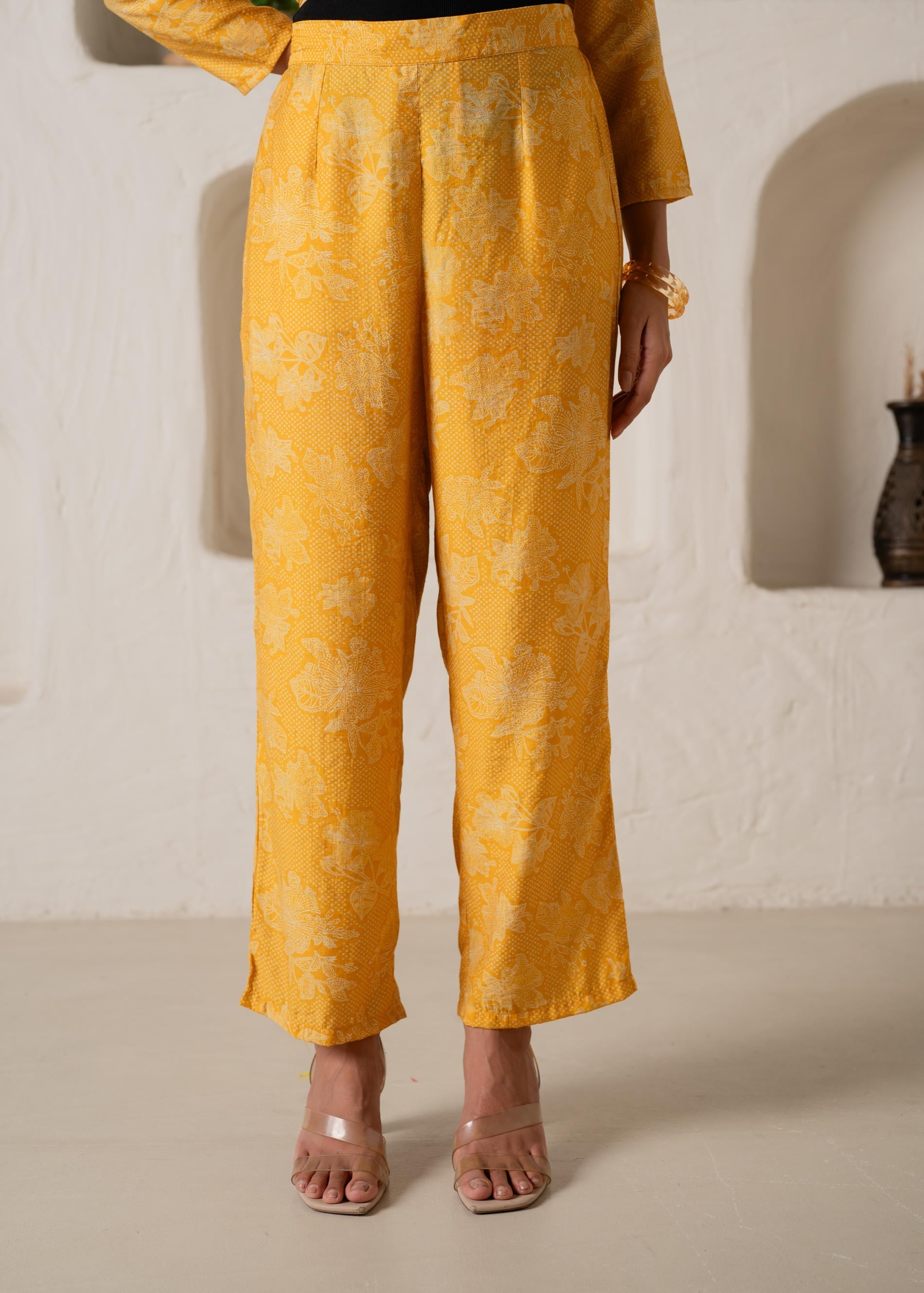 Mustard Floral Embellished A-Line Kurta Pant and Dupatta Set with Bead