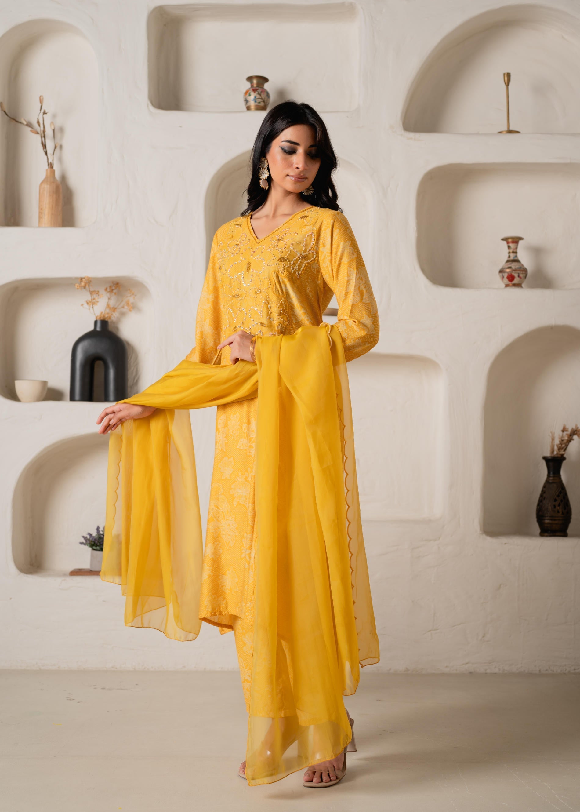 Mustard Floral Embellished A-Line Kurta Pant and Dupatta Set with Bead