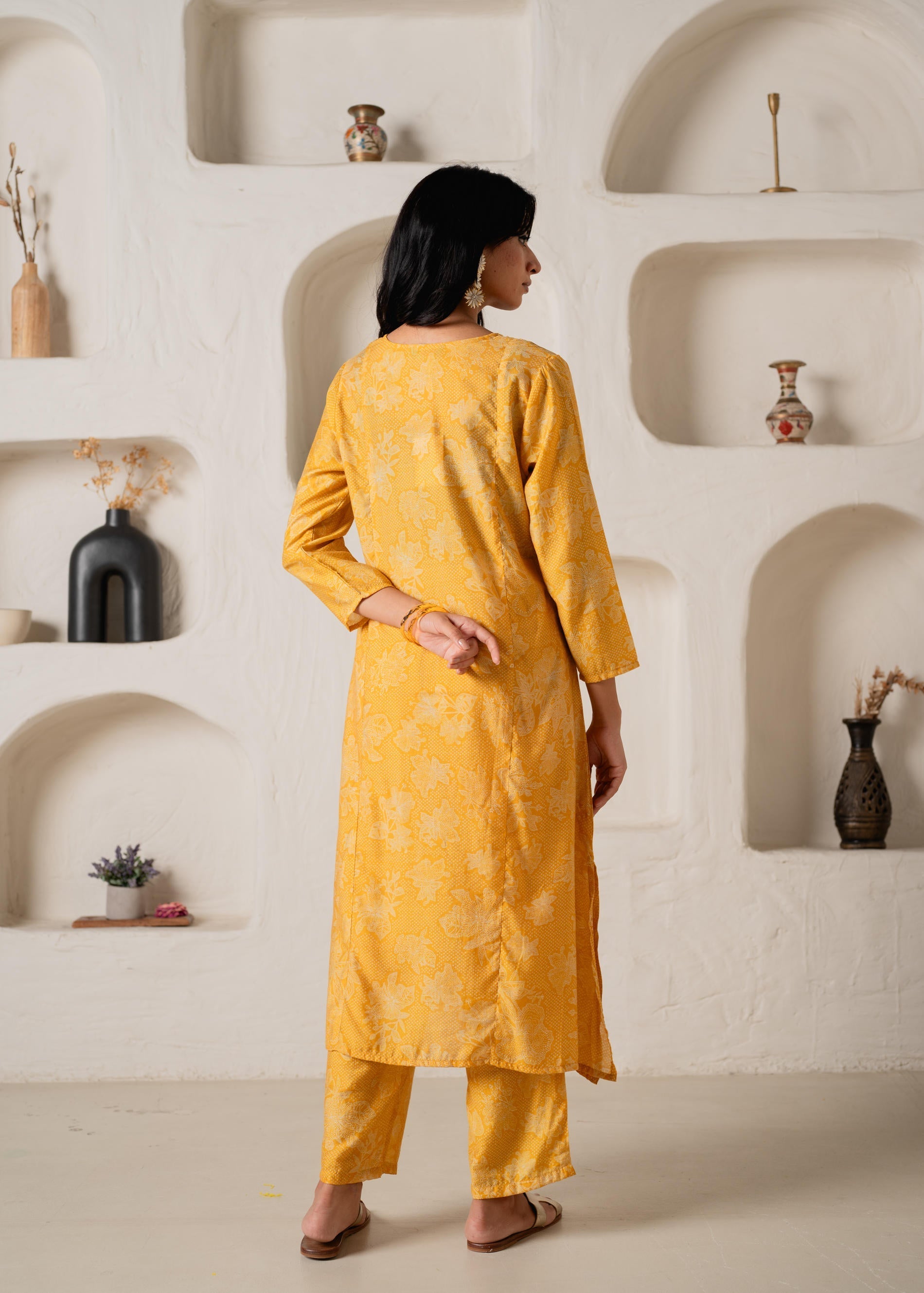 Mustard Floral Embellished A-Line Kurta Pant and Dupatta Set with Bead