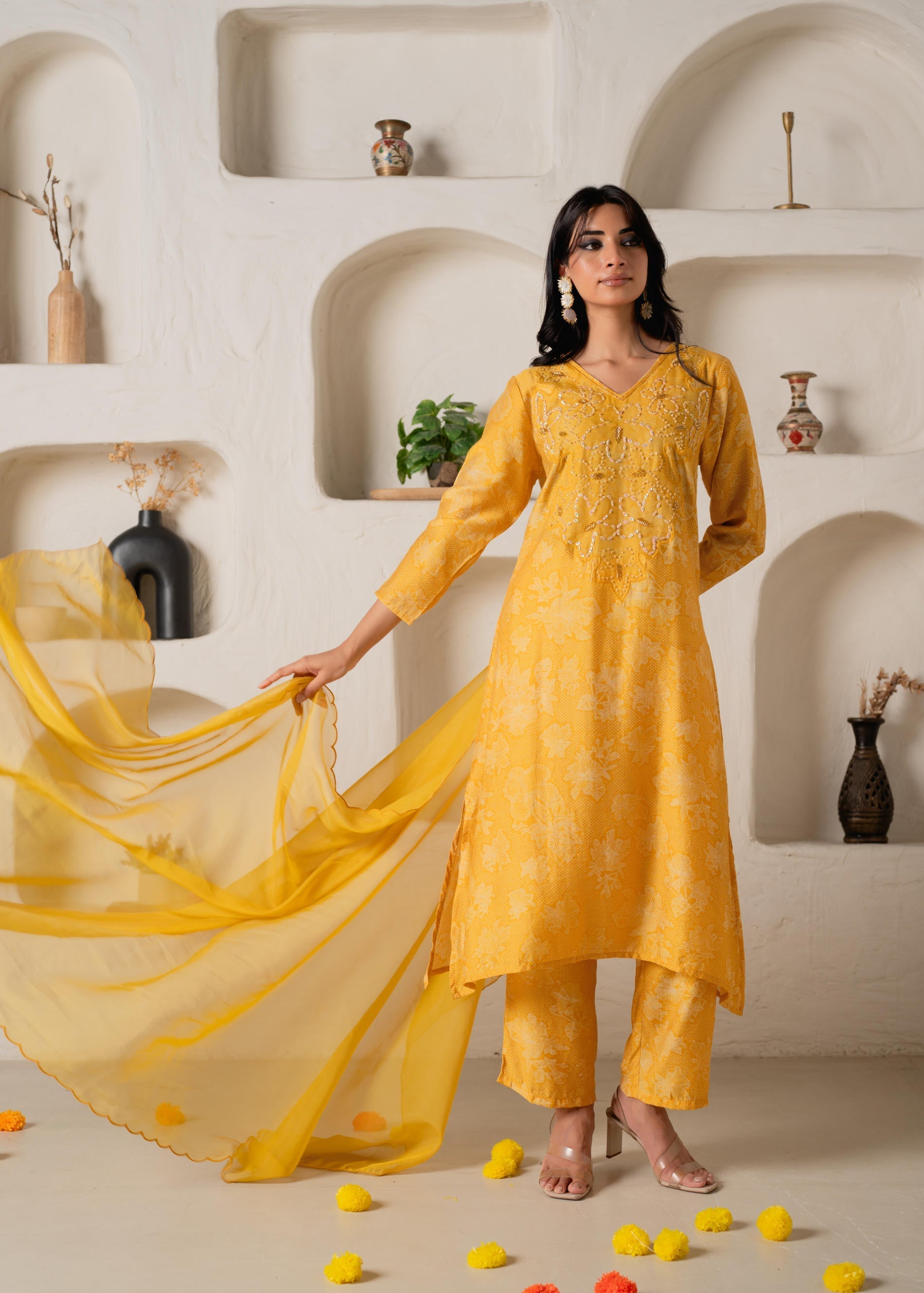 Mustard Floral Embellished A-Line Kurta Pant and Dupatta Set with Bead