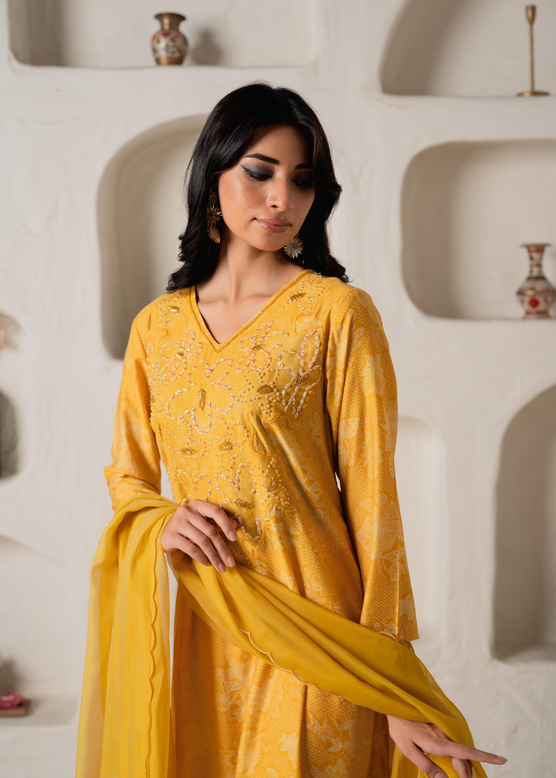 Mustard Floral Embellished A-Line Kurta Pant and Dupatta Set with Bead
