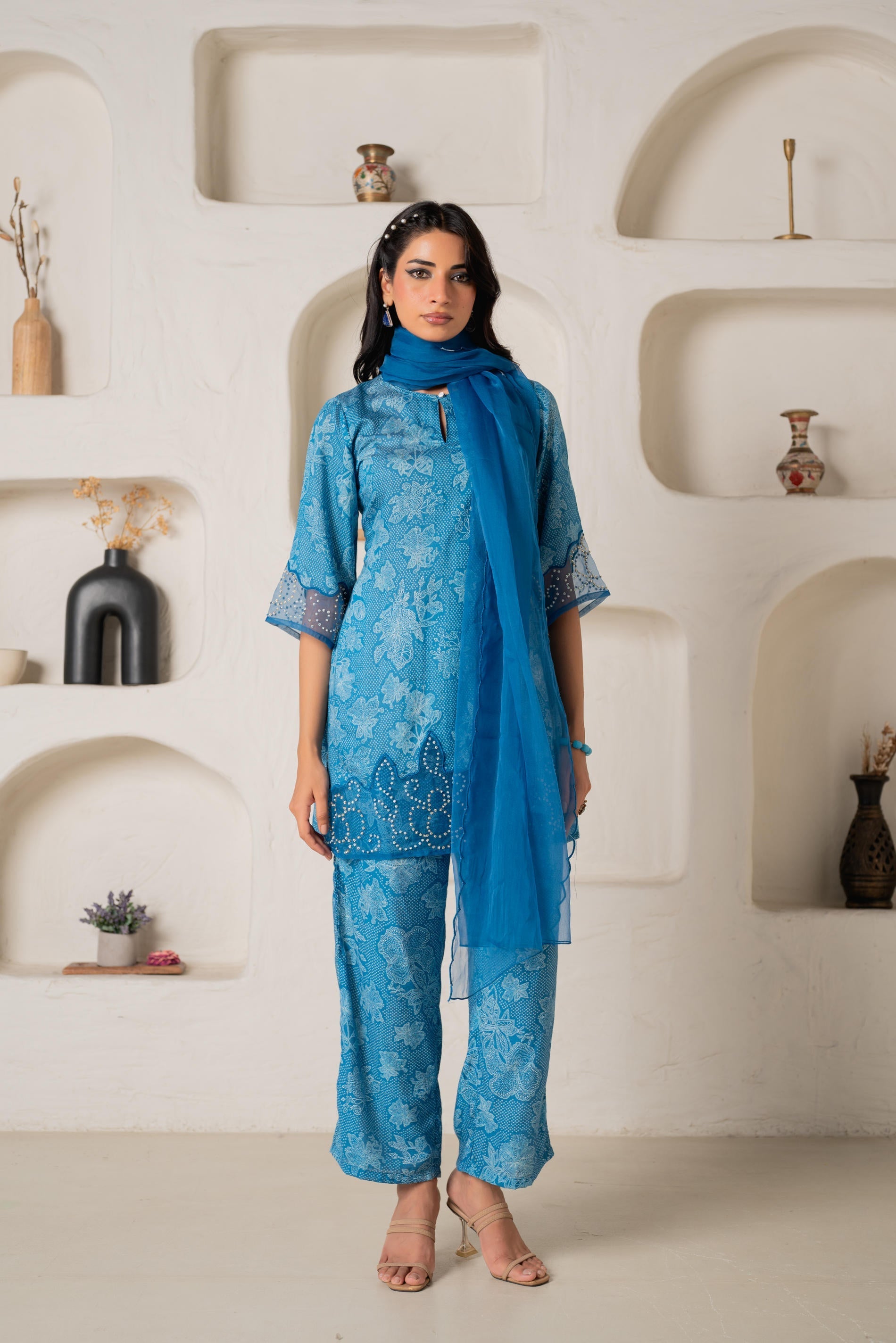 Blue Floral Embellished A-Line Kurta Pant and Dupatta Set with Beads &