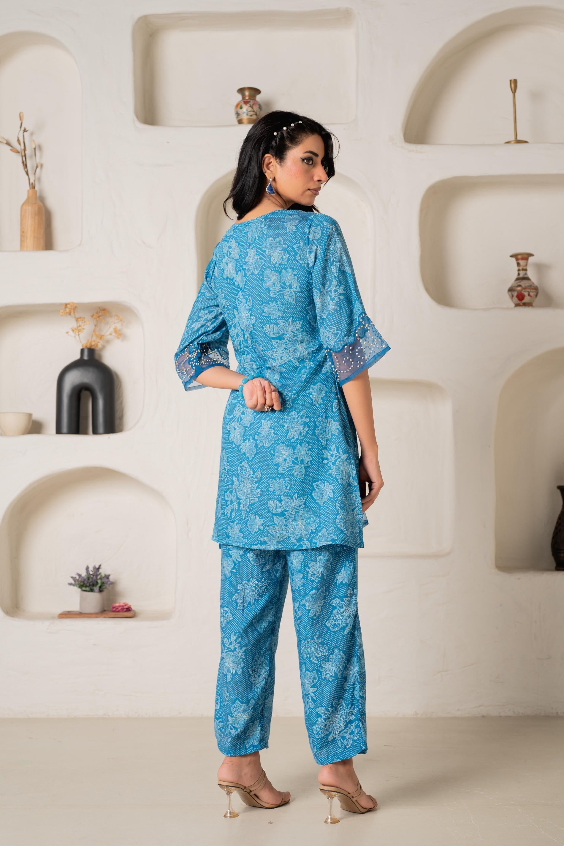 Blue Floral Embellished A-Line Kurta Pant and Dupatta Set with Beads &