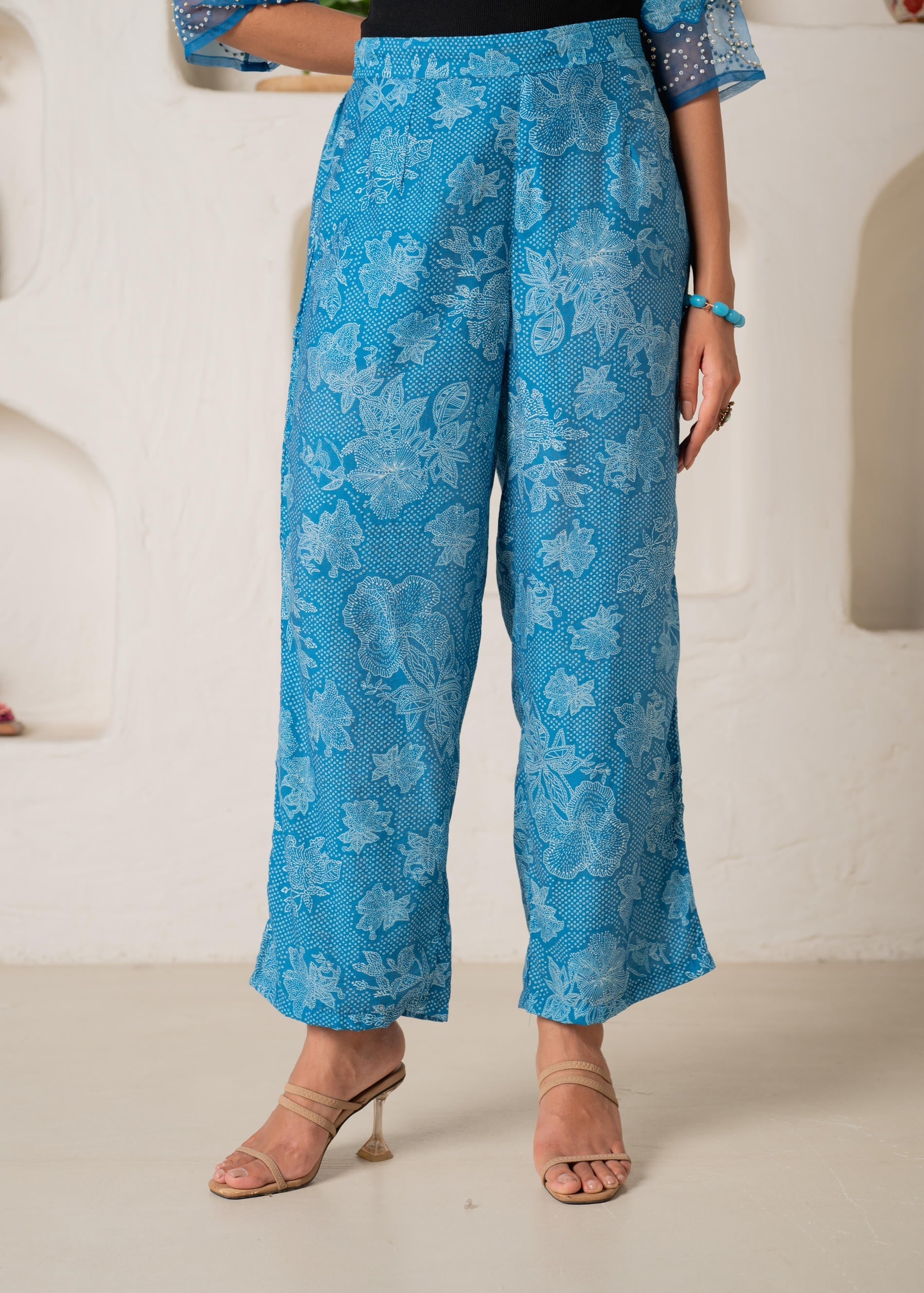Blue Floral Embellished A-Line Kurta Pant and Dupatta Set with Beads &