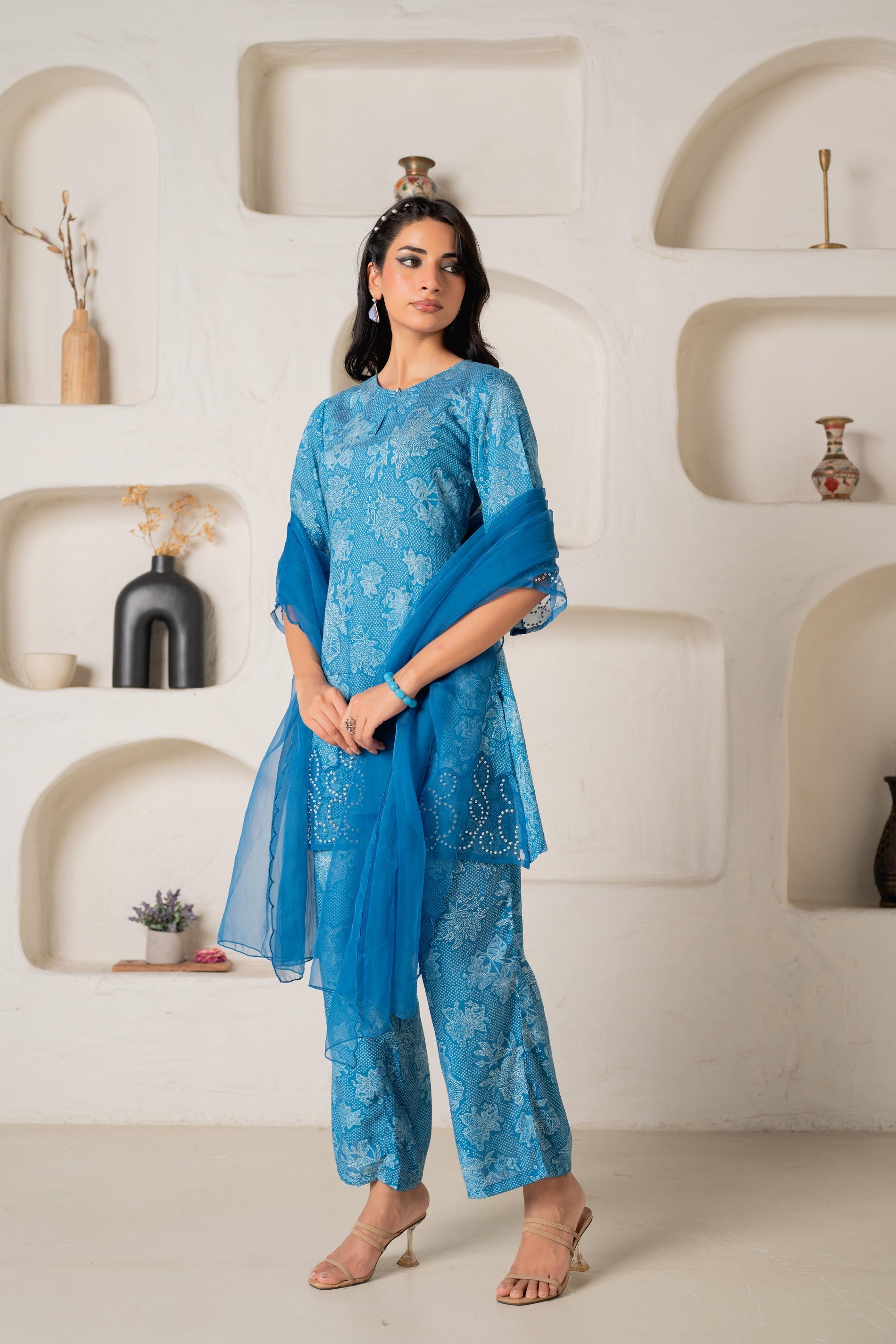 Blue Floral Embellished A-Line Kurta Pant and Dupatta Set with Beads &