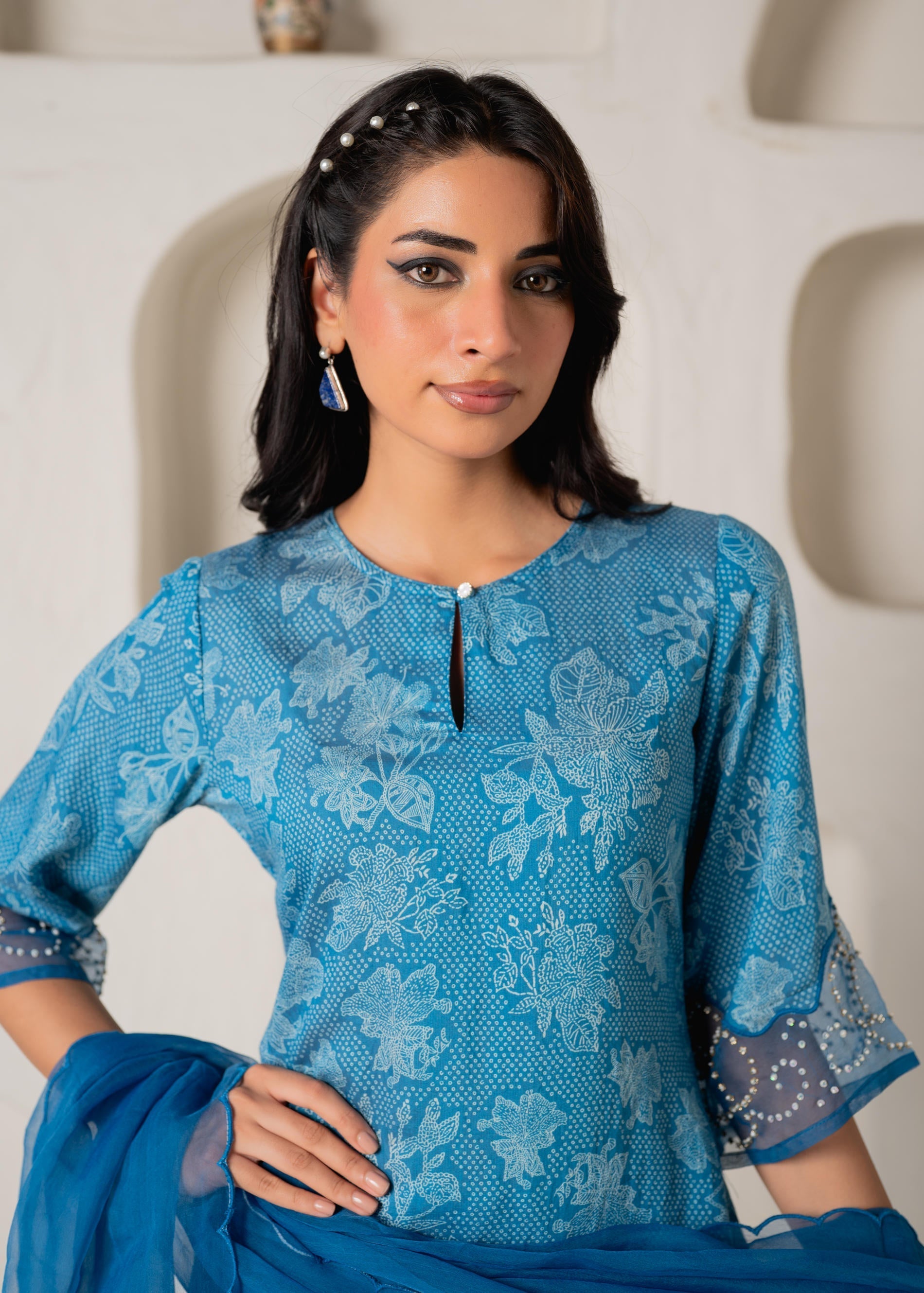 Blue Floral Embellished A-Line Kurta Pant and Dupatta Set with Beads &