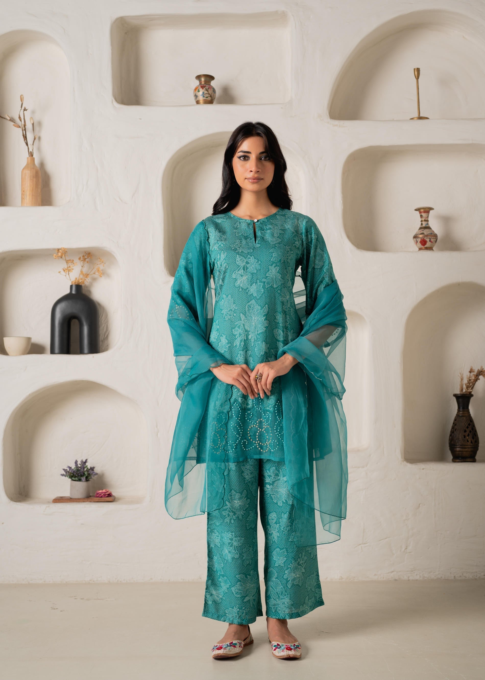 Green Floral Embellished A-Line Kurta Pant and Dupatta Set with Beads 