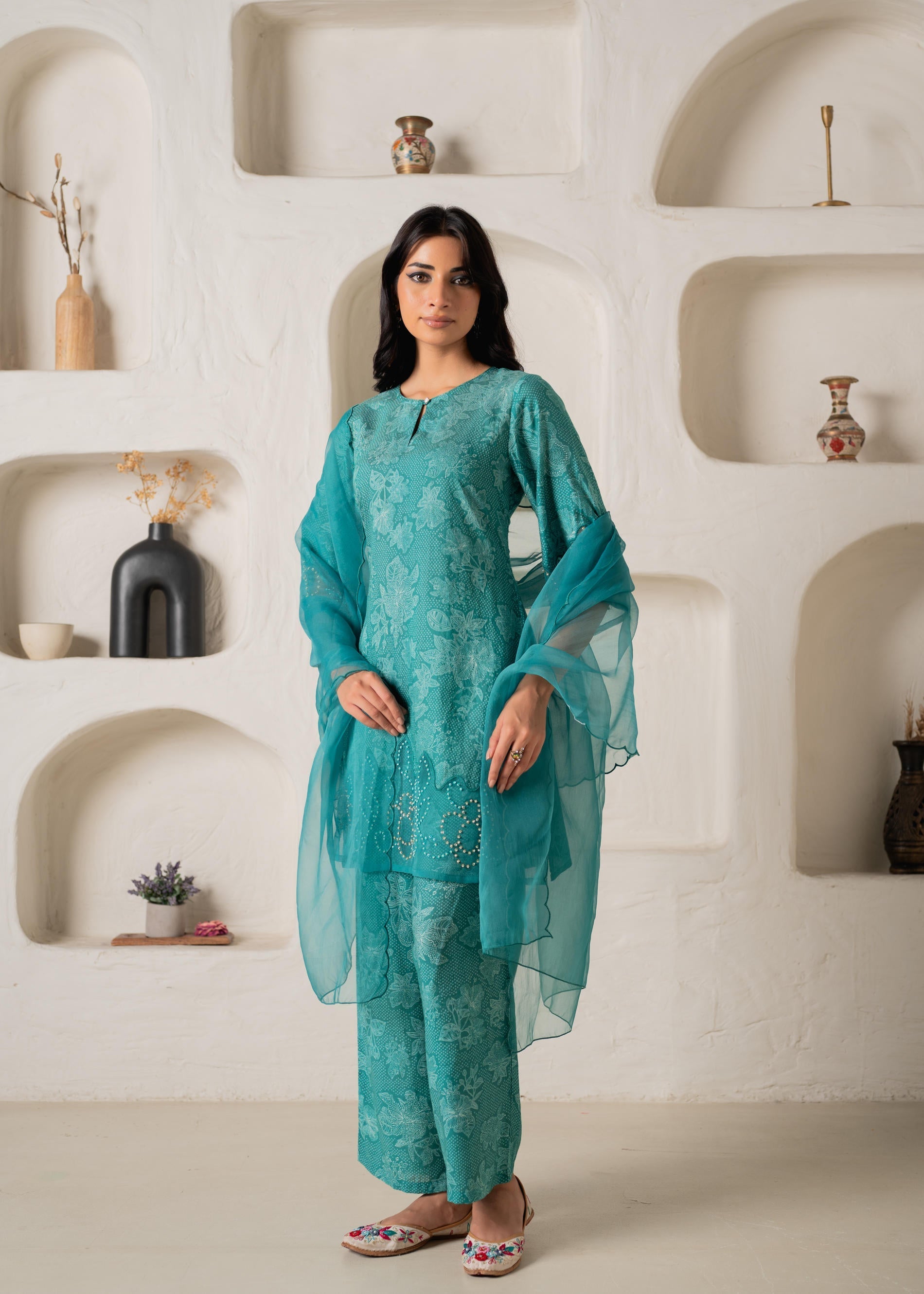 Green Floral Embellished A-Line Kurta Pant and Dupatta Set with Beads 