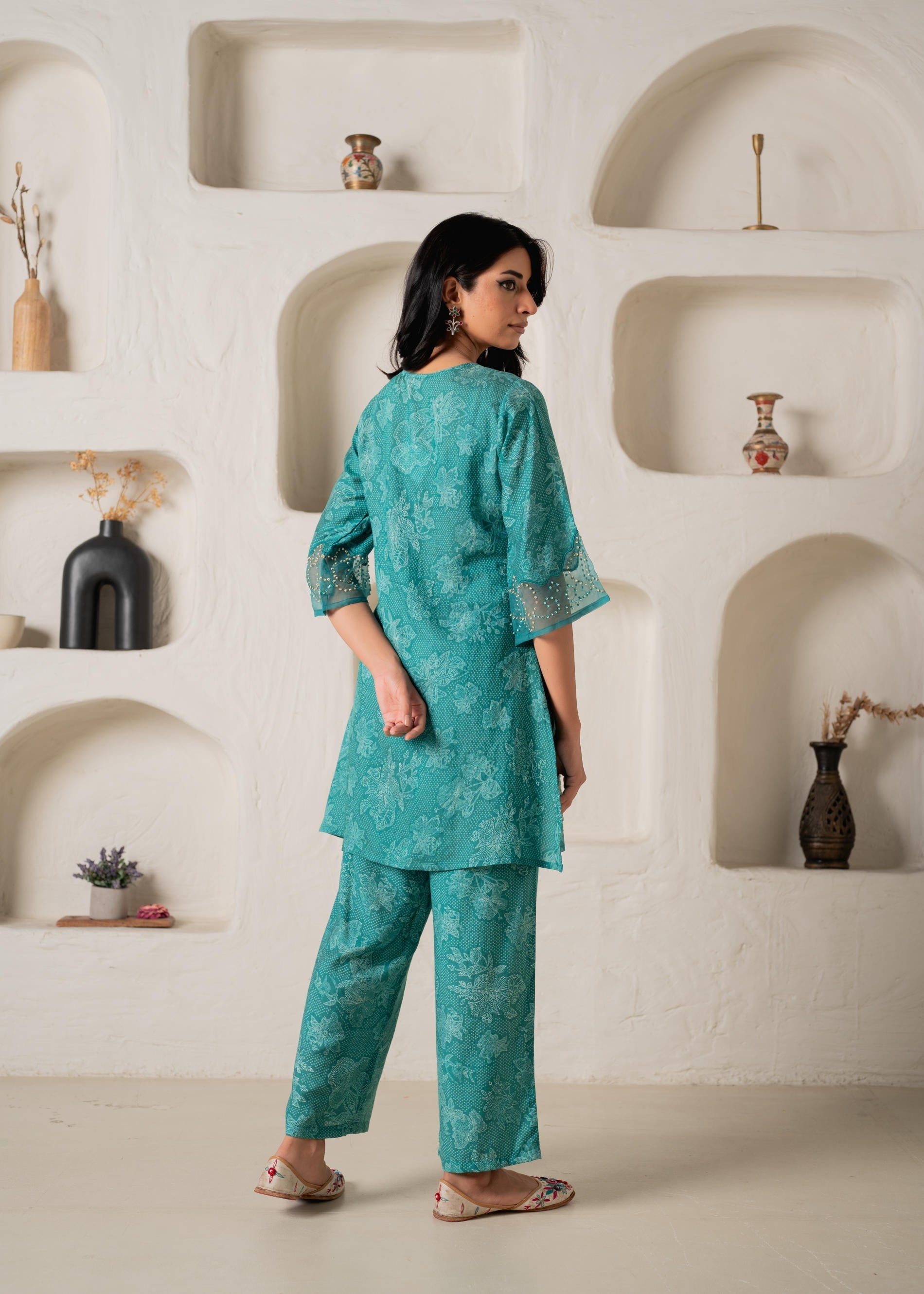 Green Floral Embellished A-Line Kurta Pant and Dupatta Set with Beads 