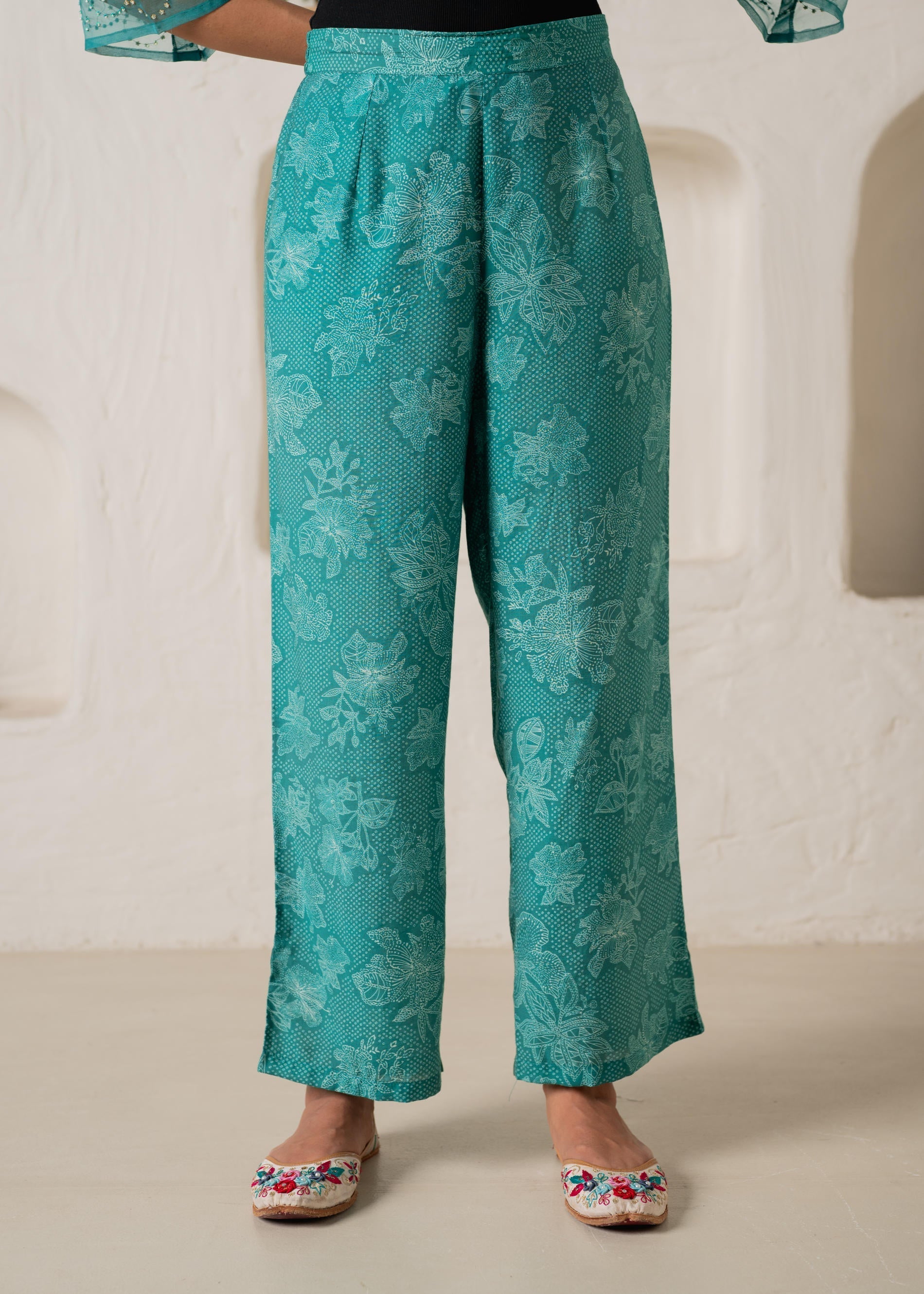 Green Floral Embellished A-Line Kurta Pant and Dupatta Set with Beads 