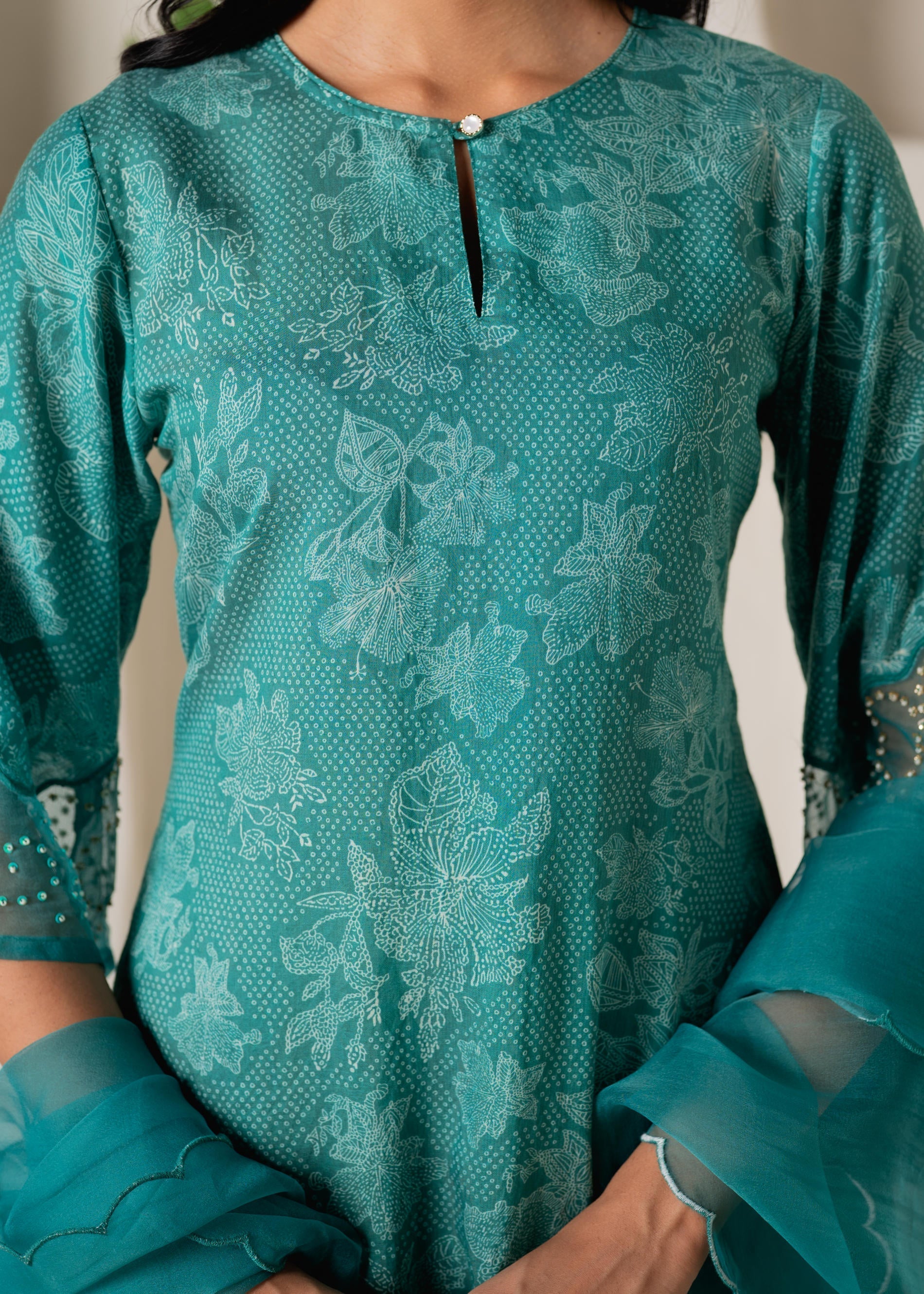 Green Floral Embellished A-Line Kurta Pant and Dupatta Set with Beads 