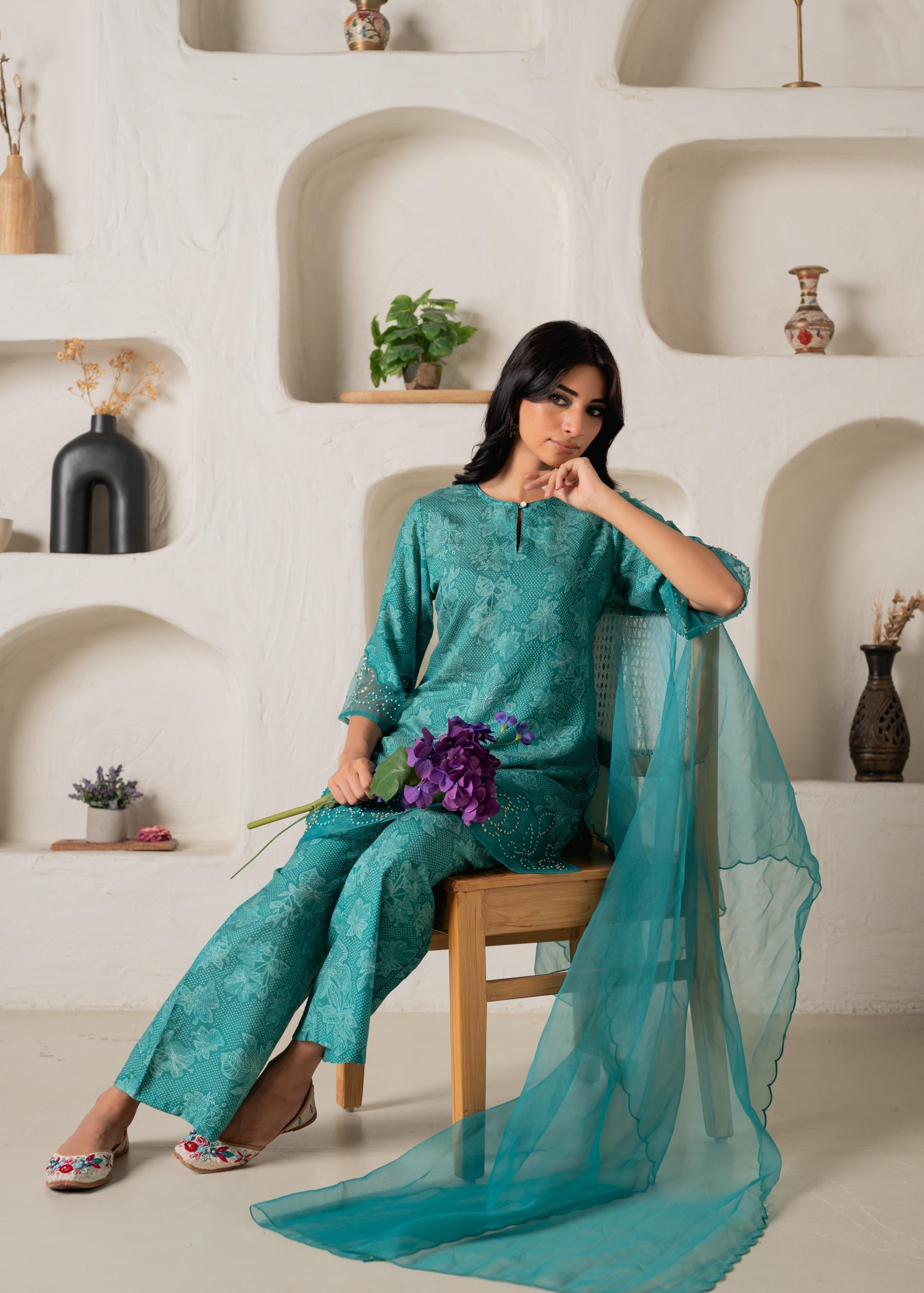 Green Floral Embellished A-Line Kurta Pant and Dupatta Set with Beads 