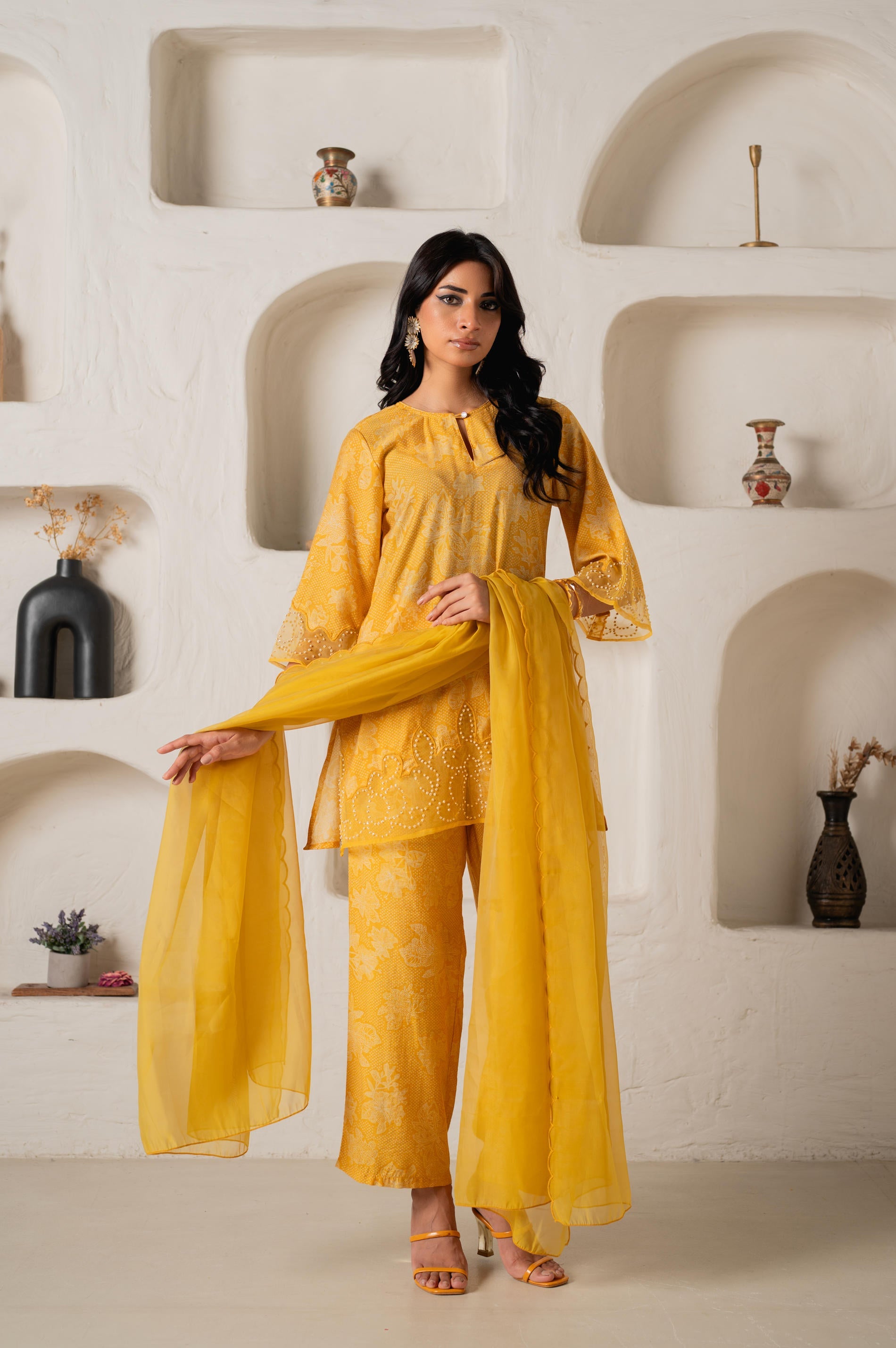 Mustard Floral Embellished A-Line Kurta Pant and Dupatta Set with Bead