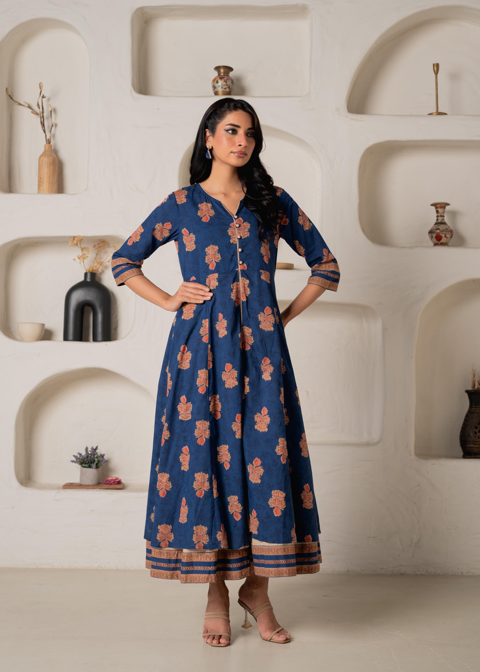 Cotton Blue Floral Printed Long Dress with Buttons | DesiQlo