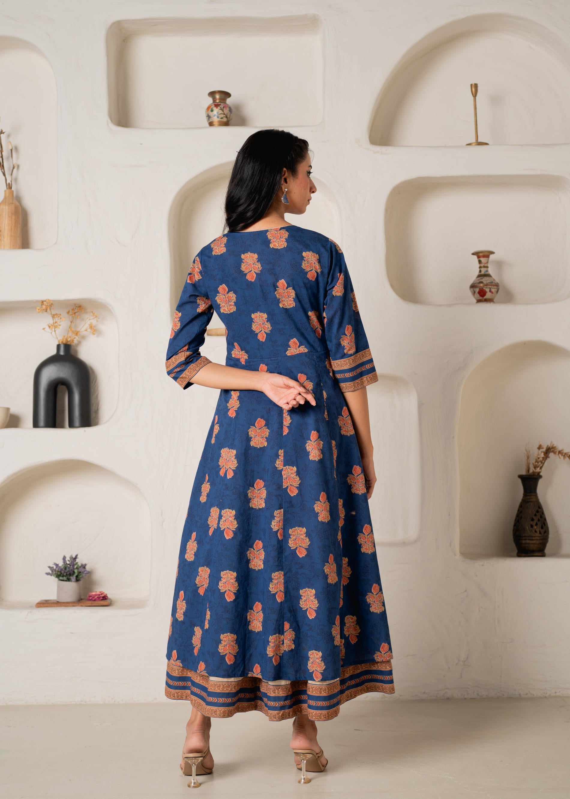 Cotton Blue Floral Printed Long Dress with Buttons | DesiQlo
