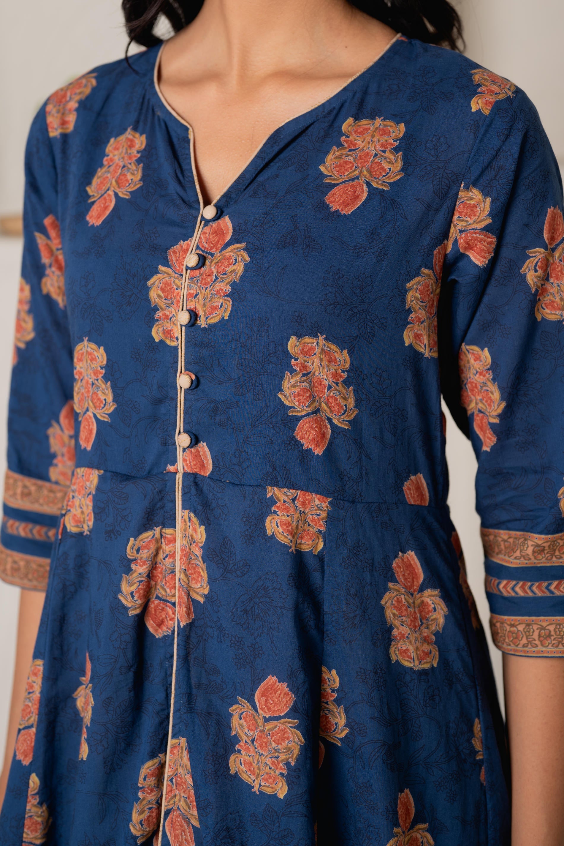 Cotton Blue Floral Printed Long Dress with Buttons | DesiQlo
